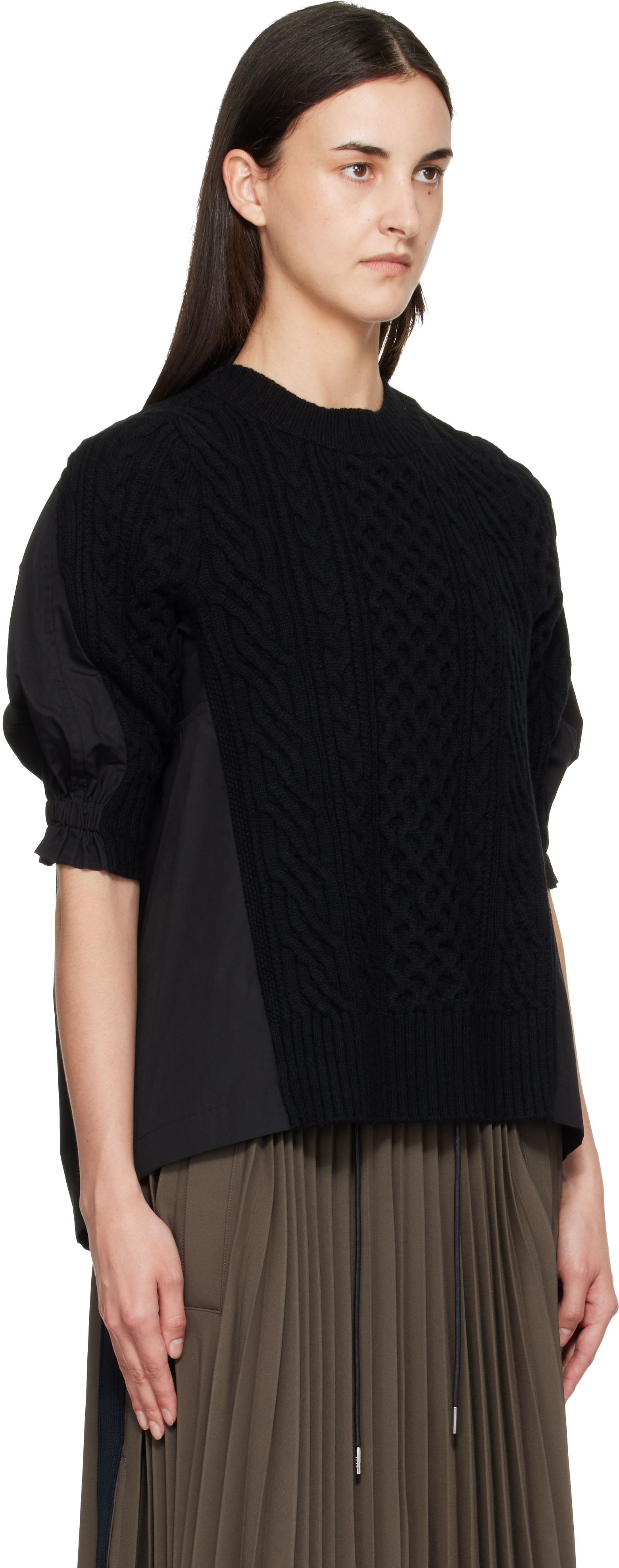 sacai: Black Wool Knit x Cotton Poplin Pullover Sweater | SSENSE
