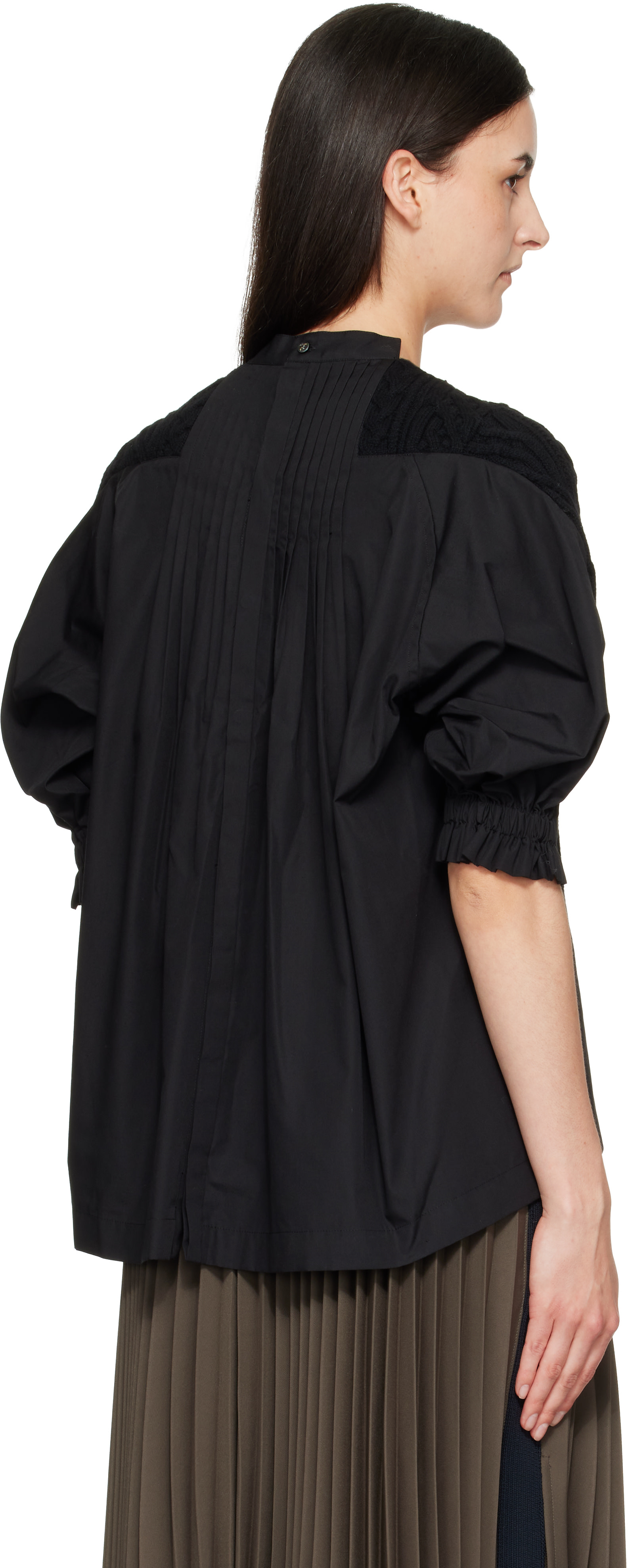 sacai: Black Wool Knit x Cotton Poplin Pullover Sweater | SSENSE