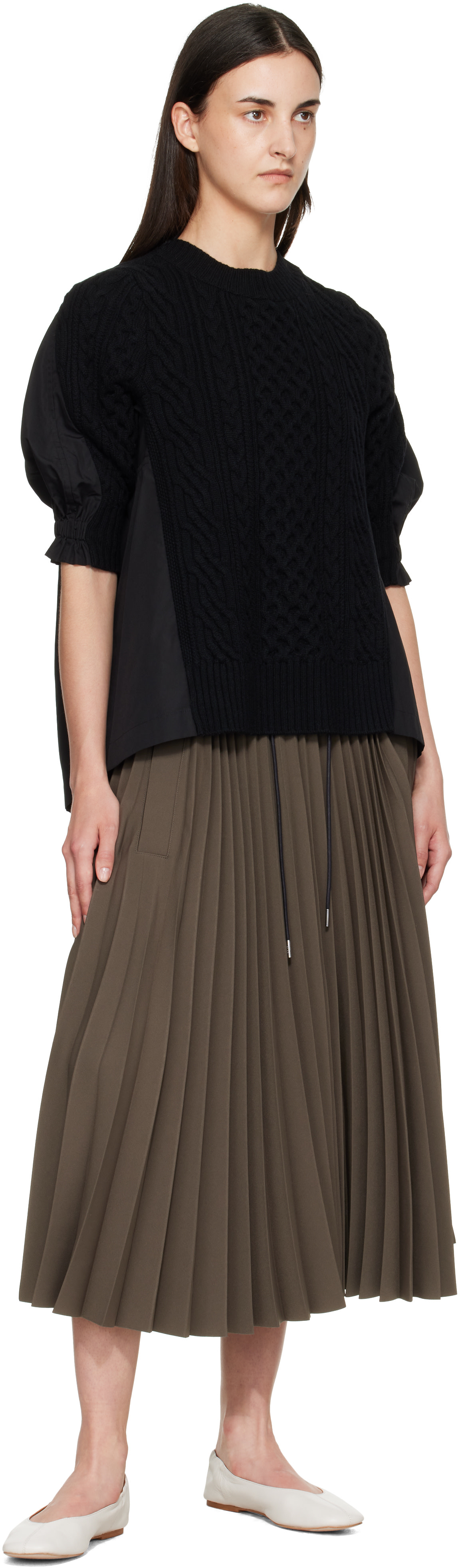 sacai: Black Wool Knit x Cotton Poplin Pullover Sweater | SSENSE