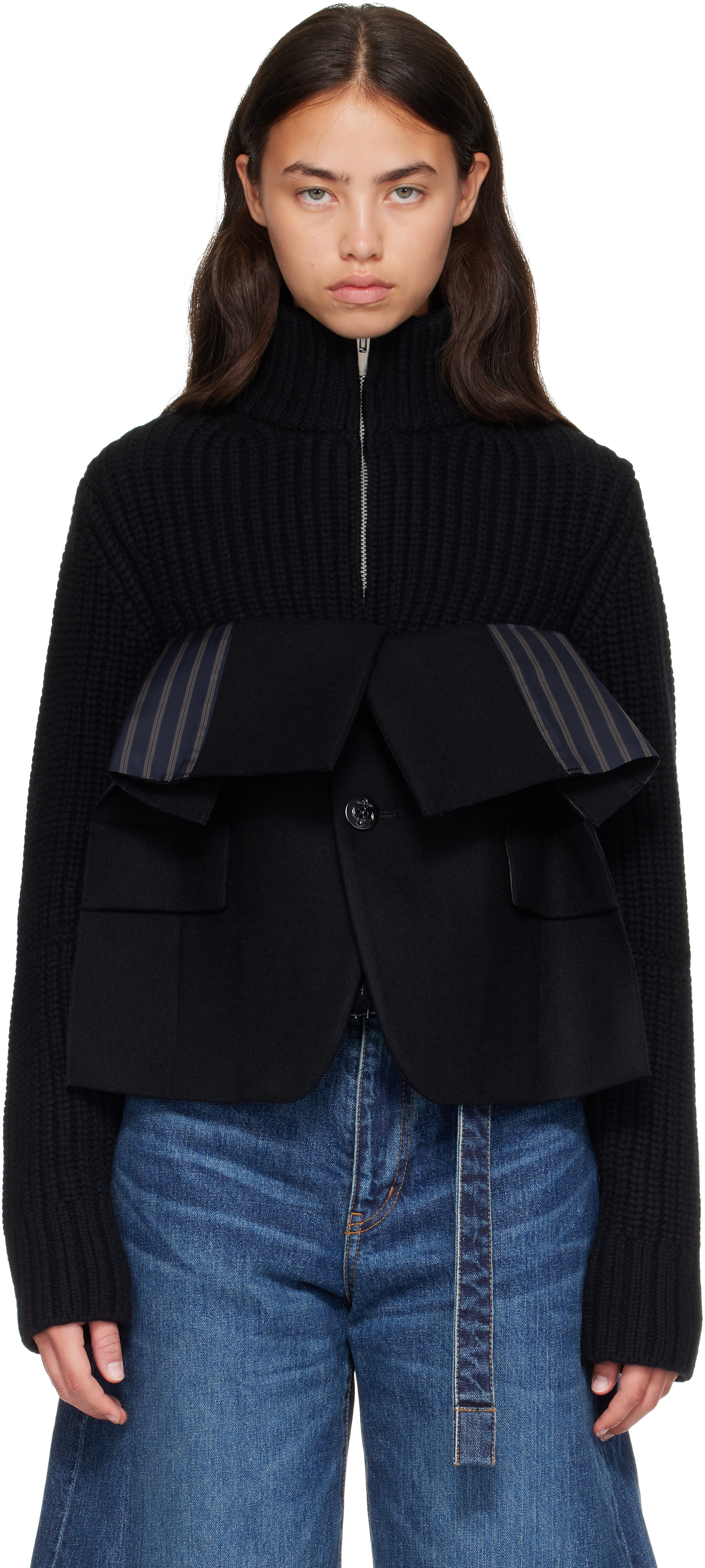 sacai: Black Wool Melton x Wool Knit Blouson Jacket | SSENSE