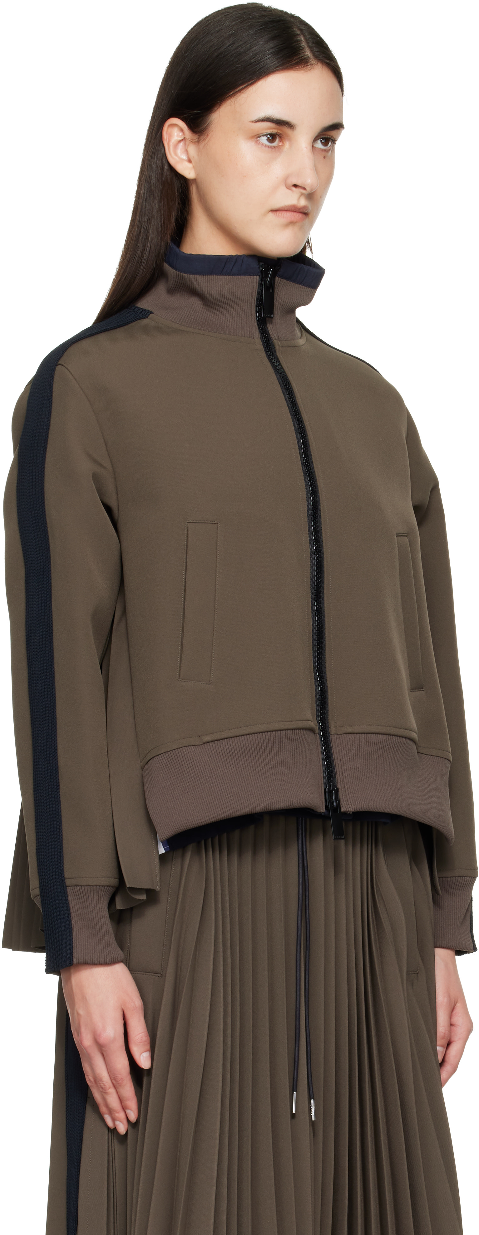 sacai - Pull molletonné taupe en sergé à plis