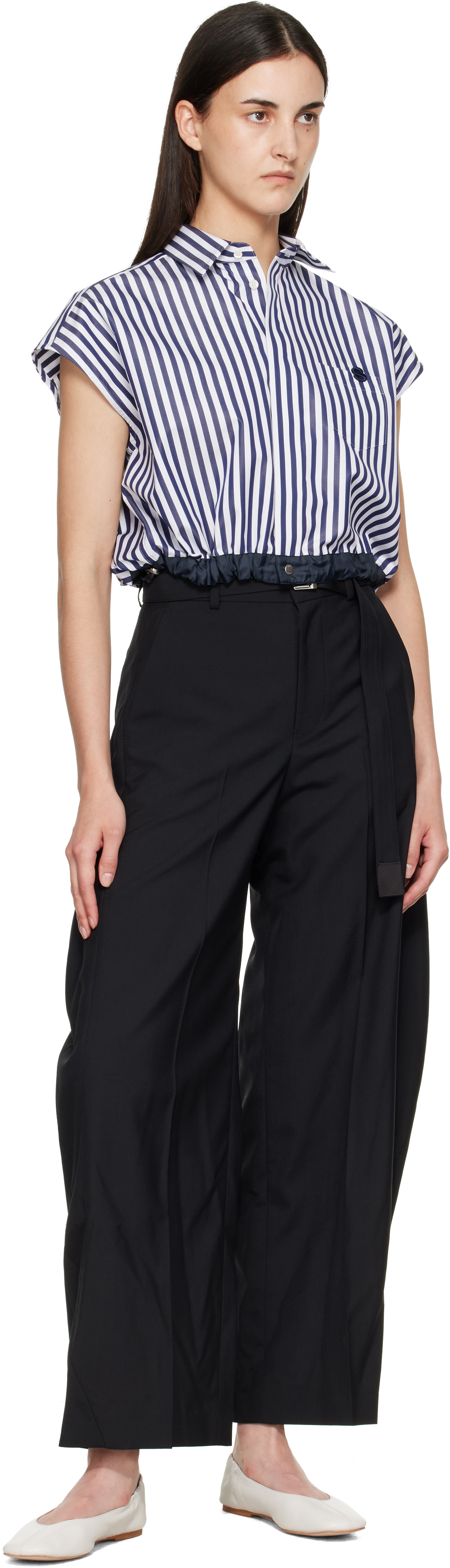 sacai: ネイビー＆ホワイト Cotton Poplin シャツ | SSENSE 日本