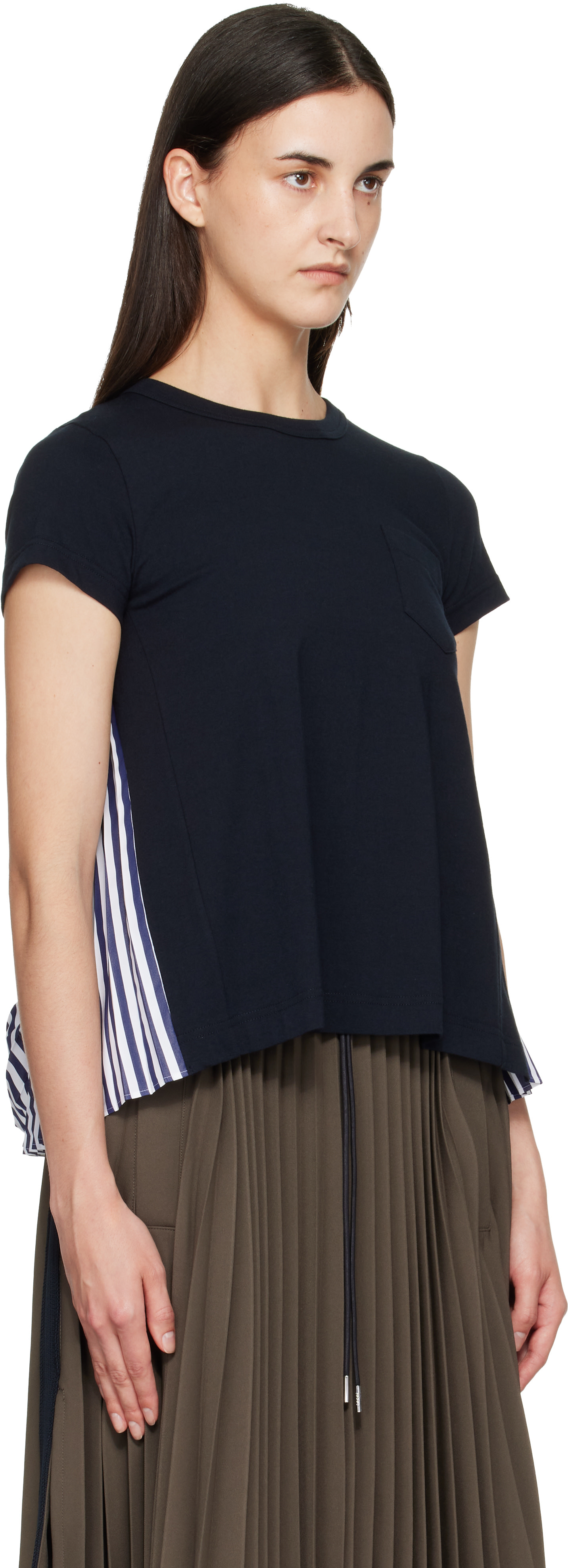 サカイ　Cotton PoplinxCotton Jersey T-Shirt sacai: Navy Cotton Poplin x Cotton Jersey T-shirt | SSENSE
