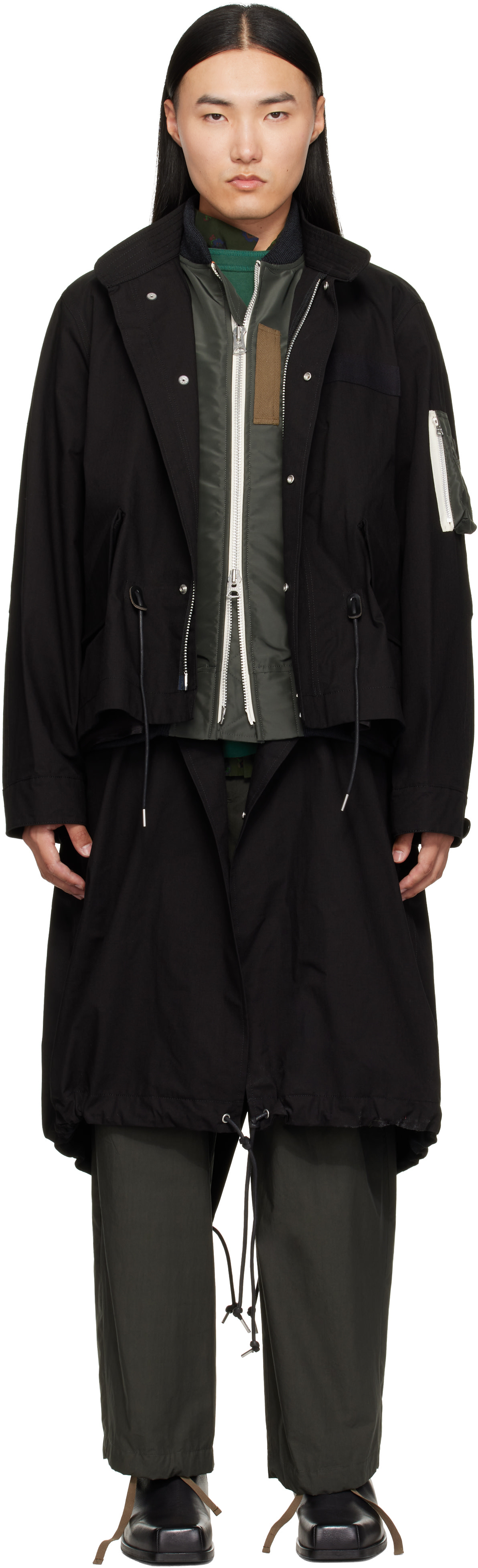 sacai - ブラック Nylon Twill x Ripstop コート