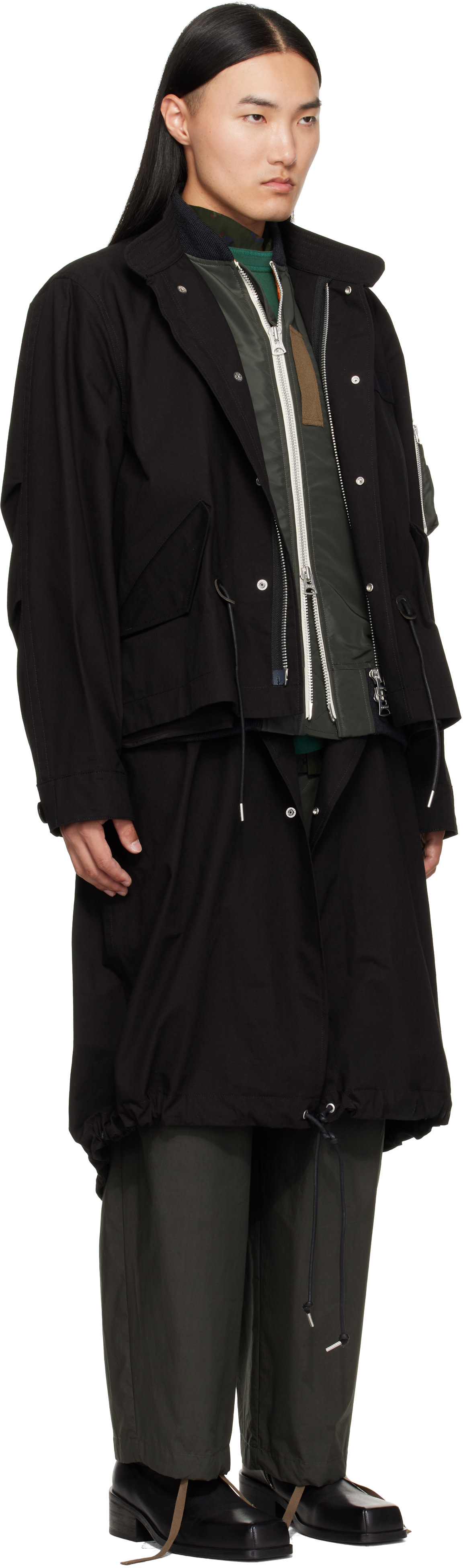 sacai - ブラック Nylon Twill x Ripstop コート