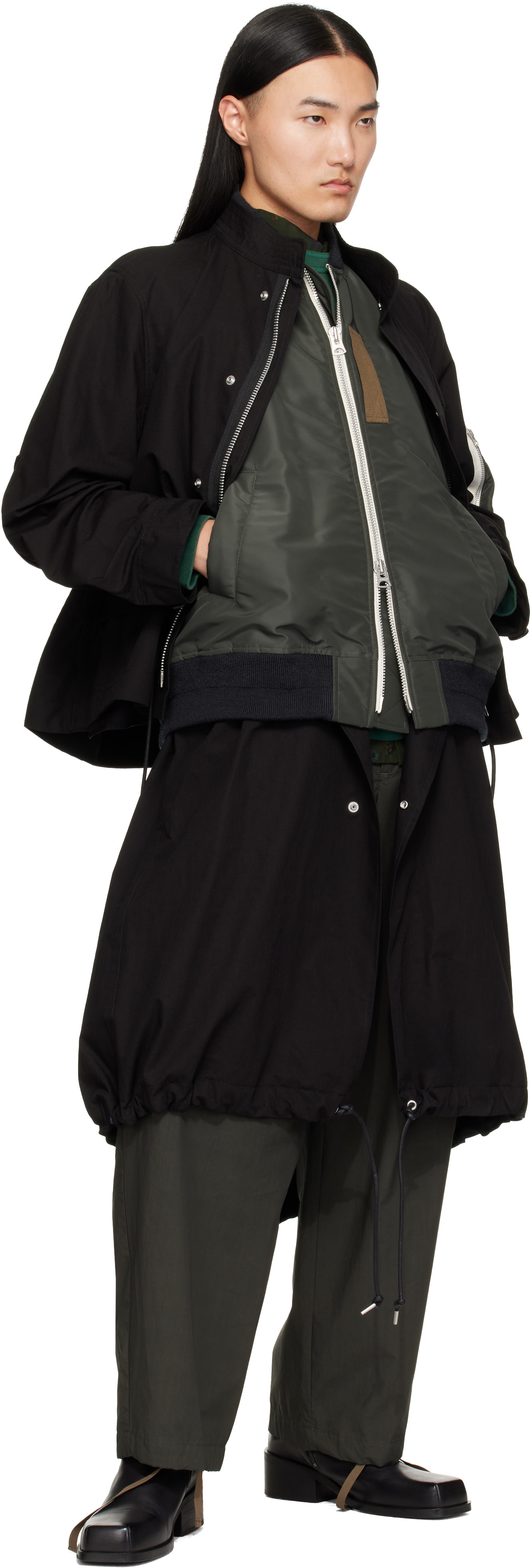 sacai - ブラック Nylon Twill x Ripstop コート