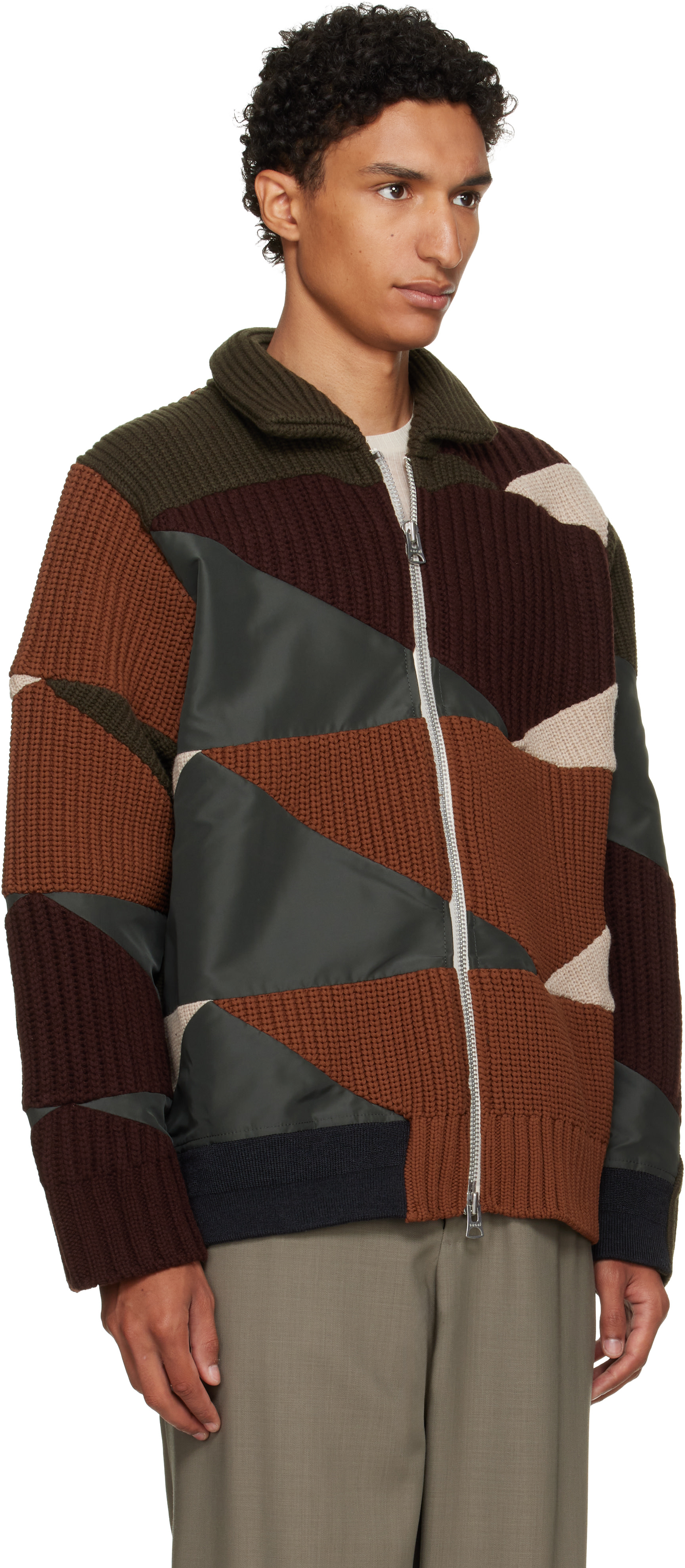 sacai: カーキ＆ブラウン A.P.C.エディション Quilts ニット ブルゾン