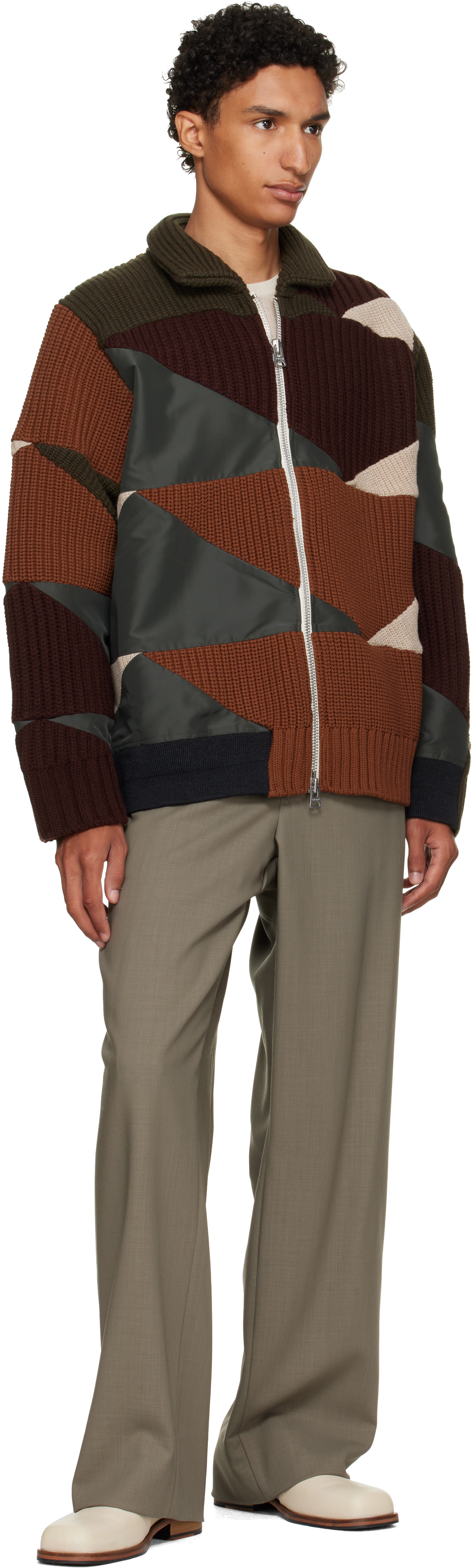 sacai: カーキ＆ブラウン A.P.C.エディション Quilts ニット ブルゾン