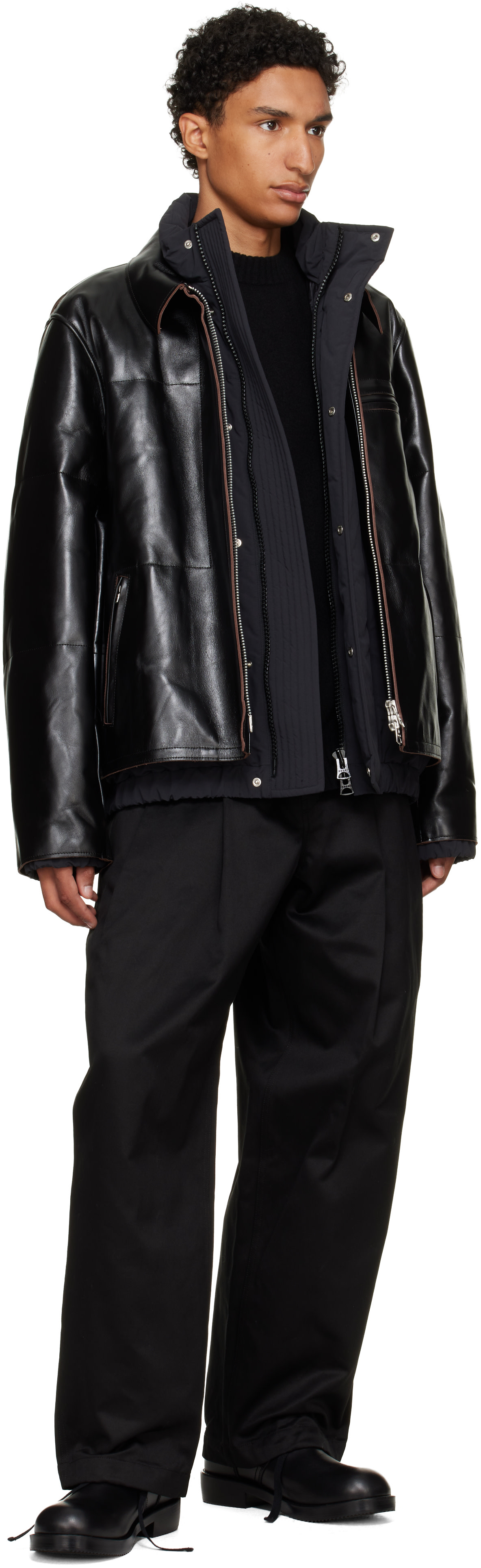 sacai - Black Down Leather Blouson Jacket