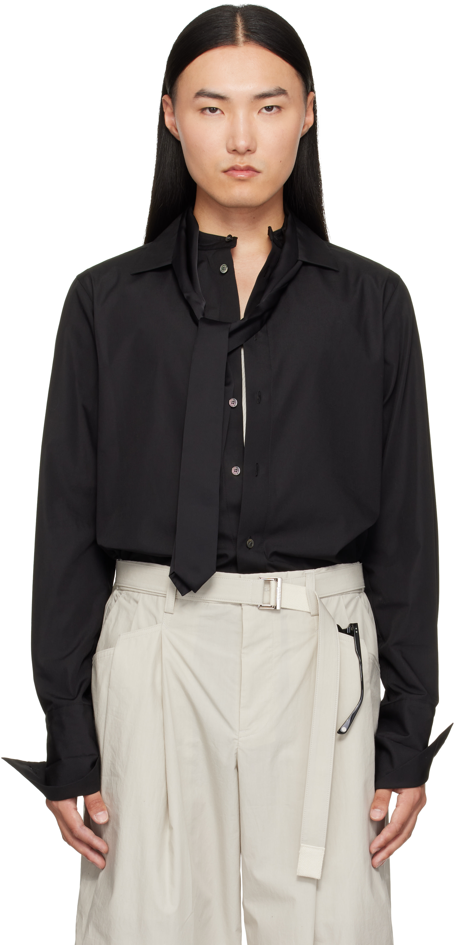 sacai: Black Satin Tie Poplin Shirt | SSENSE