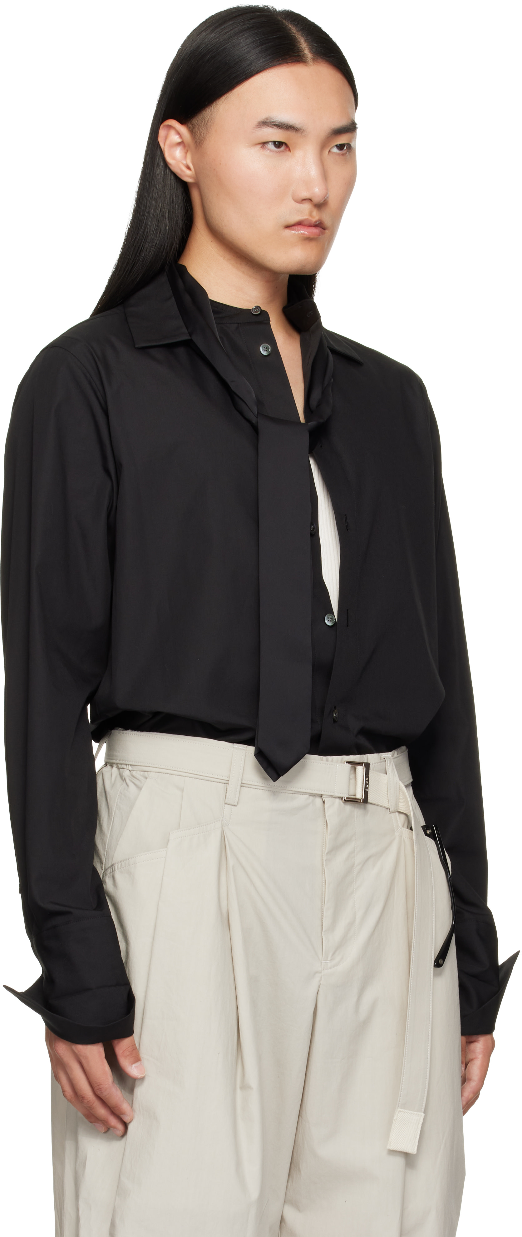 sacai: Black Satin Tie Poplin Shirt | SSENSE