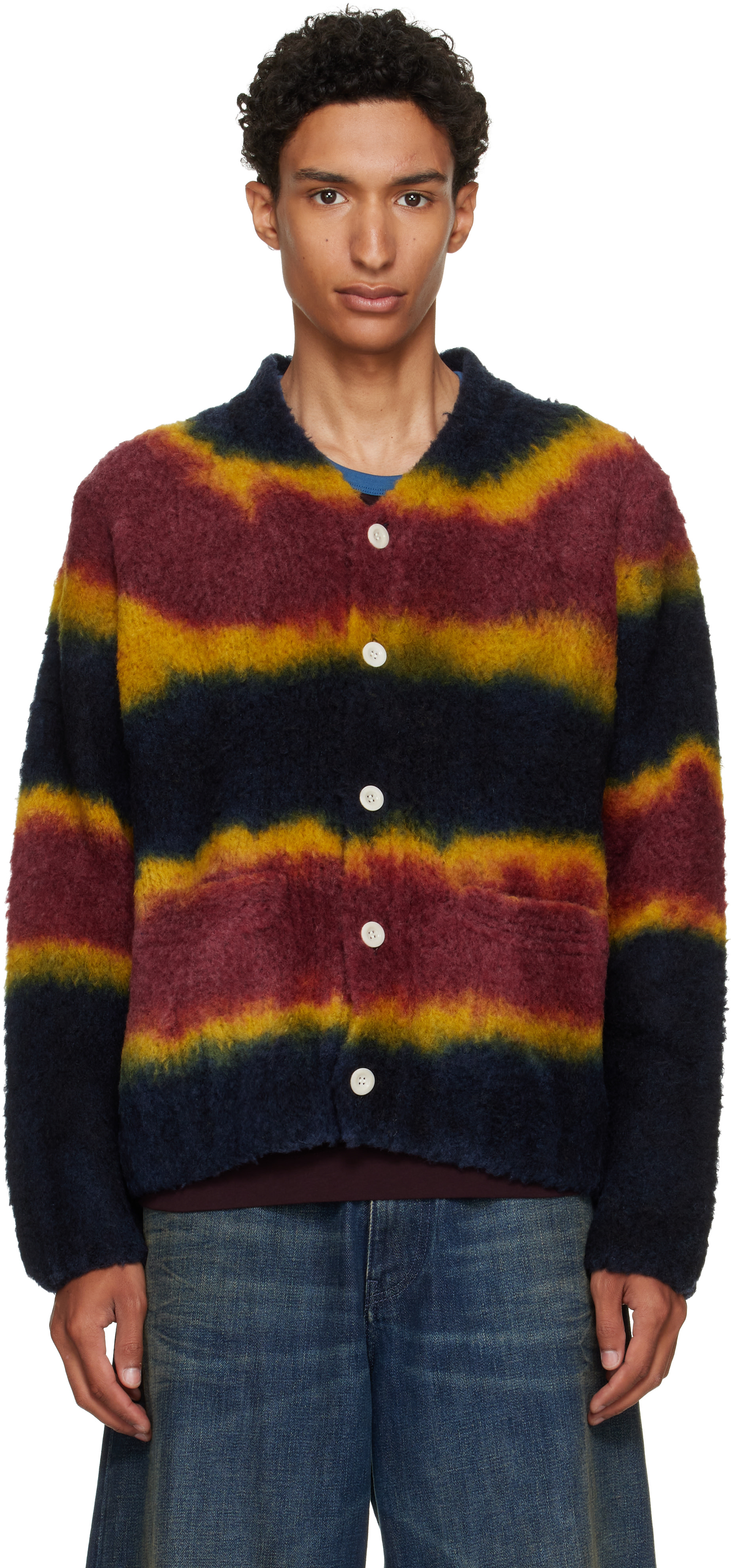 sacai: Navy & Burgundy Chusen-Dyed Knit Cardigan | SSENSE