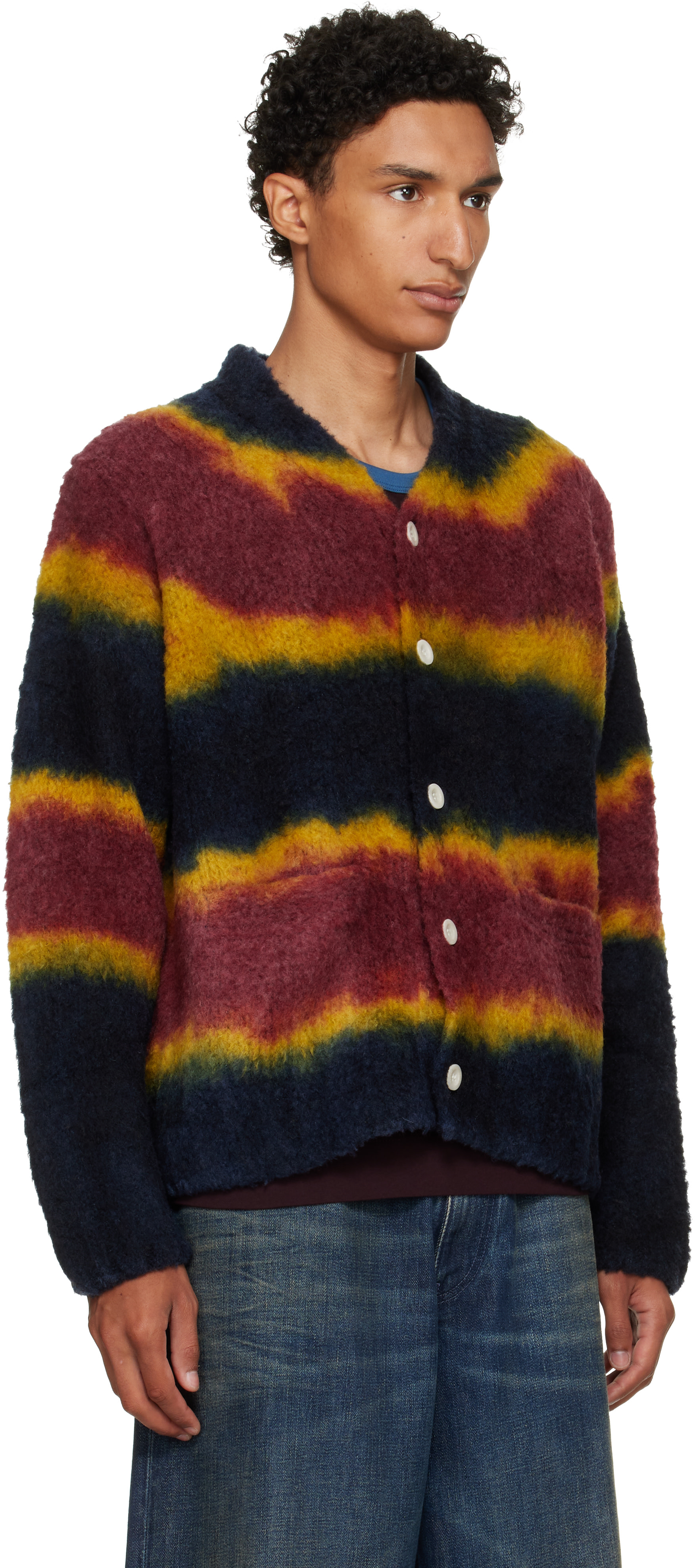 sacai: Navy & Burgundy Chusen-Dyed Knit Cardigan | SSENSE