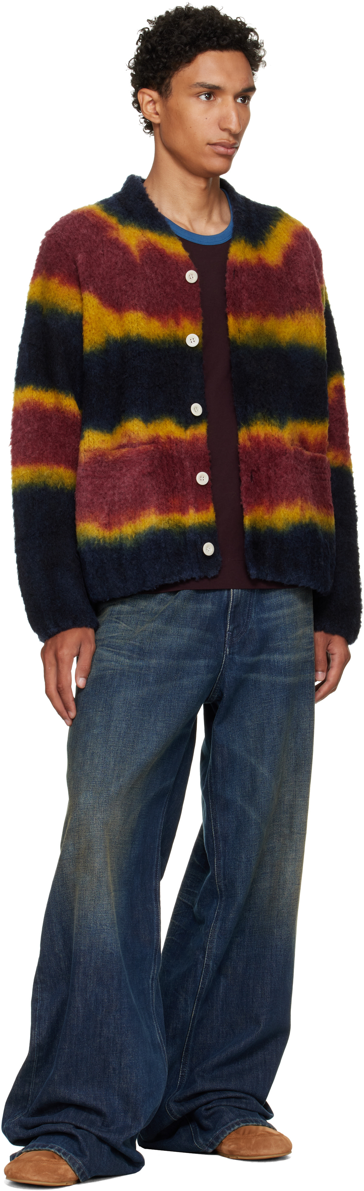 sacai: Navy & Burgundy Chusen-Dyed Knit Cardigan | SSENSE