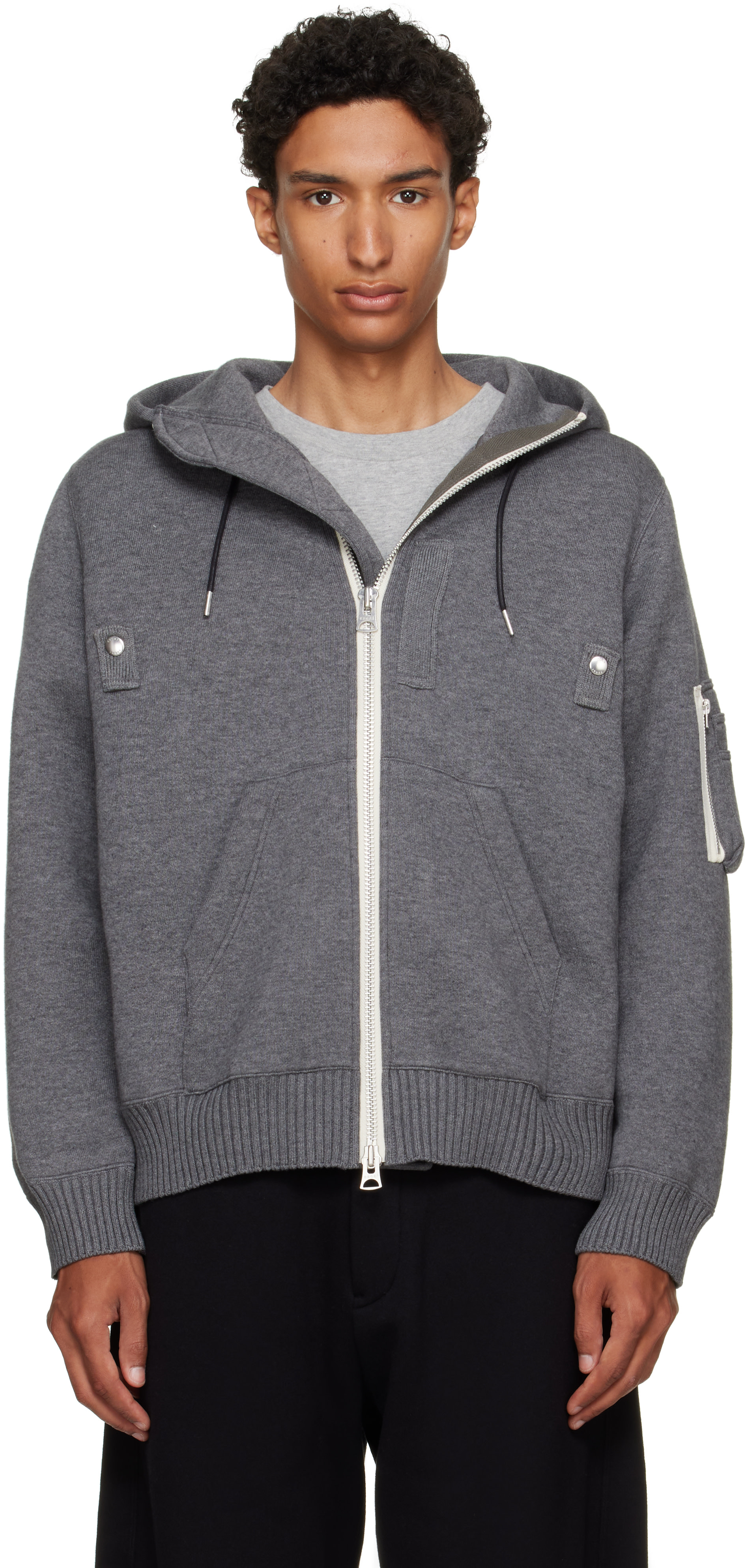 sacai: Gray Cotton Cashmere Knit Hoodie | SSENSE