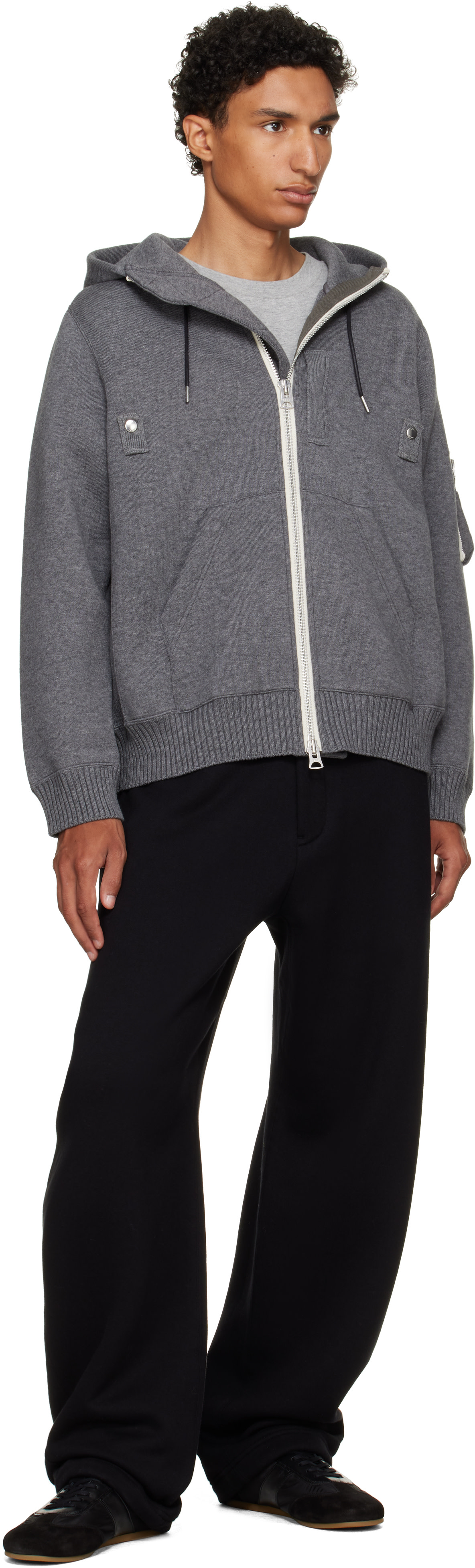 sacai: Gray Cotton Cashmere Knit Hoodie | SSENSE