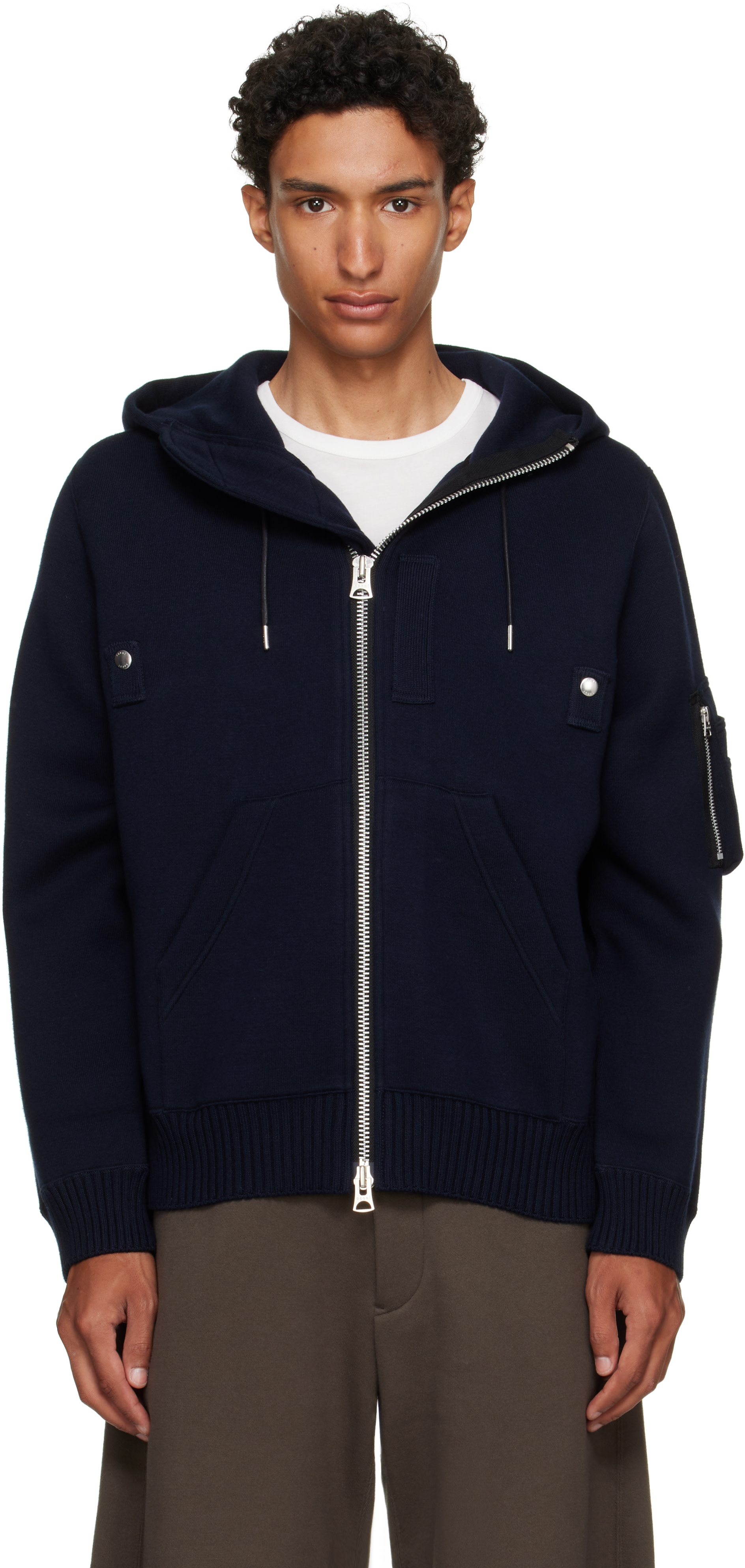 sacaiメンズ　コットンニットパーカー sacai: Navy Cotton Cashmere Knit Hoodie | SSENSE
