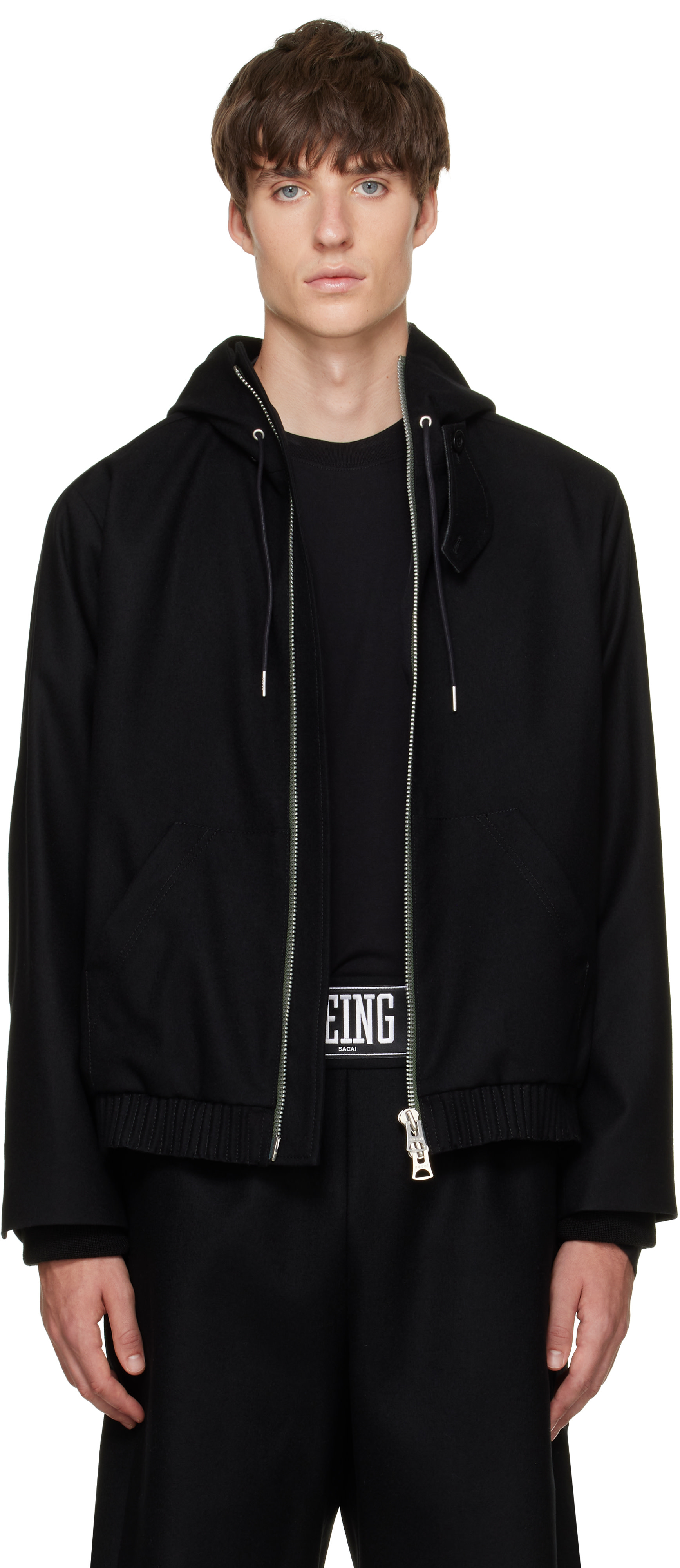sacai: Black Wool Flannel Hoodie | SSENSE