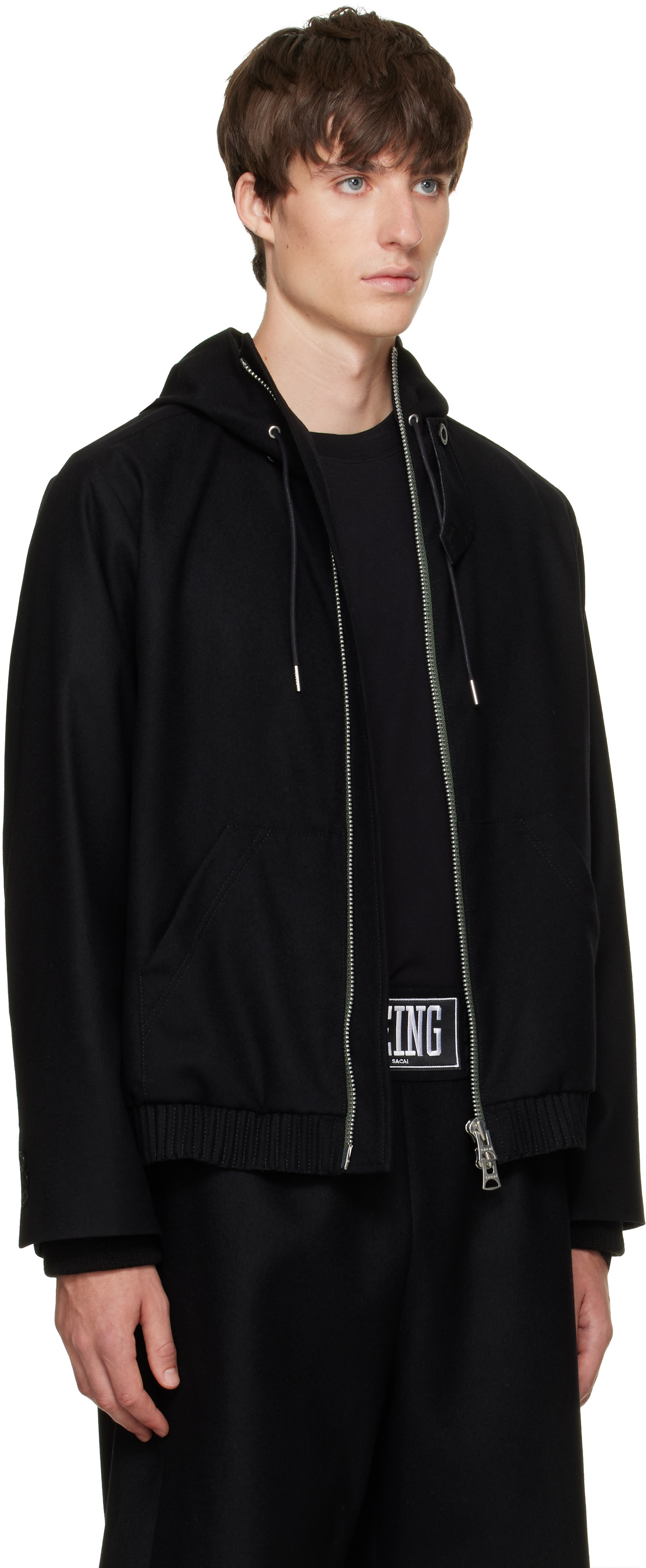 sacai 22AW ボリュームスリーブ ジップパーカー ケープ　ブラック 2 sacai: Black Wool Flannel Hoodie | SSENSE