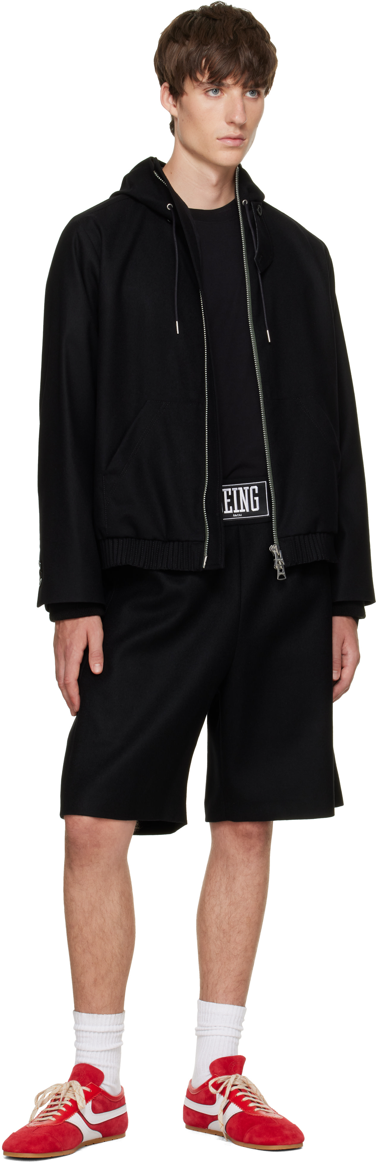sacai: Black Wool Flannel Hoodie | SSENSE