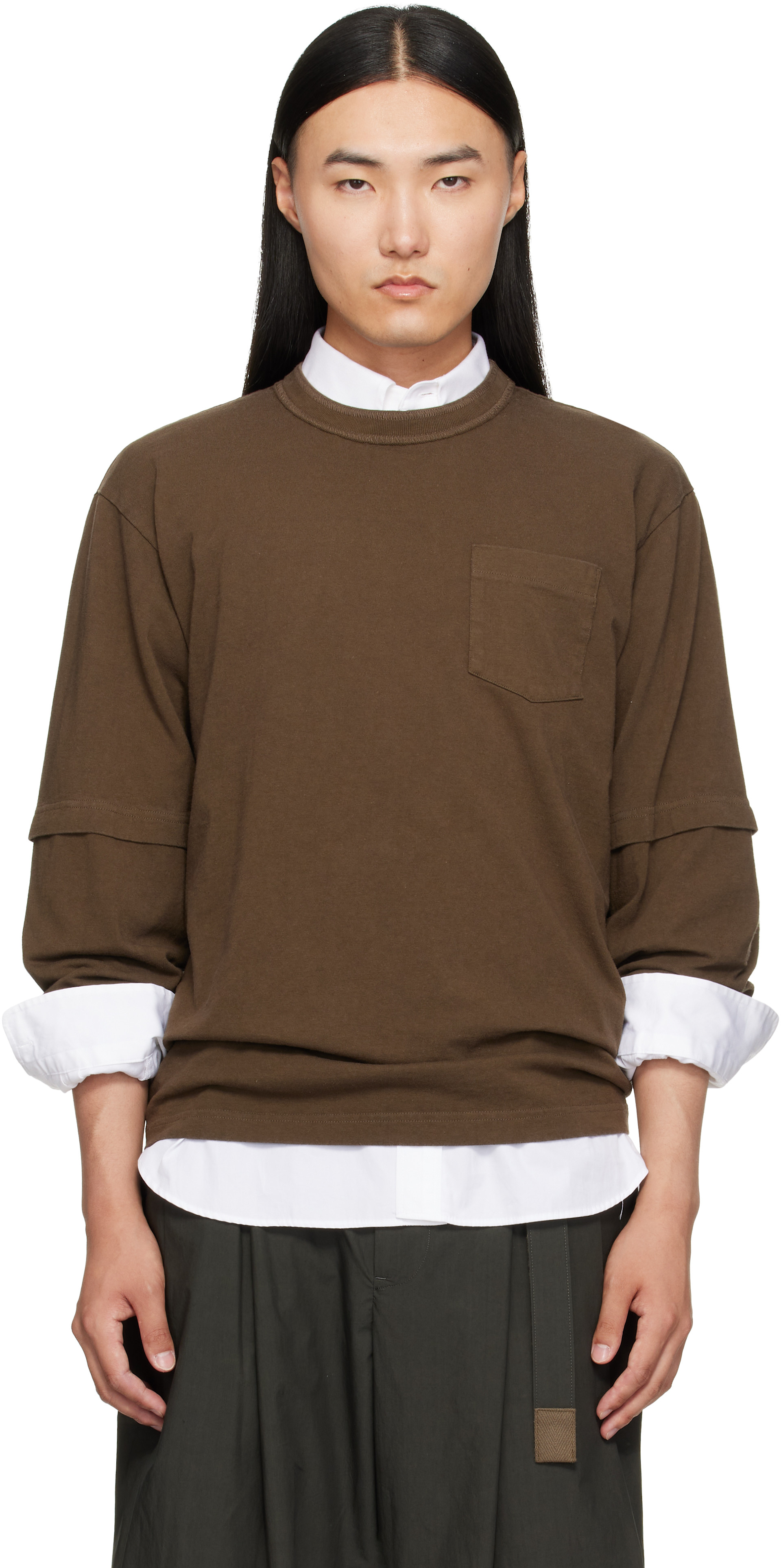 SACAI コットン長袖シャツ sacai: ブラウン コットンジャージ 長袖Tシャツ | SSENSE 日本