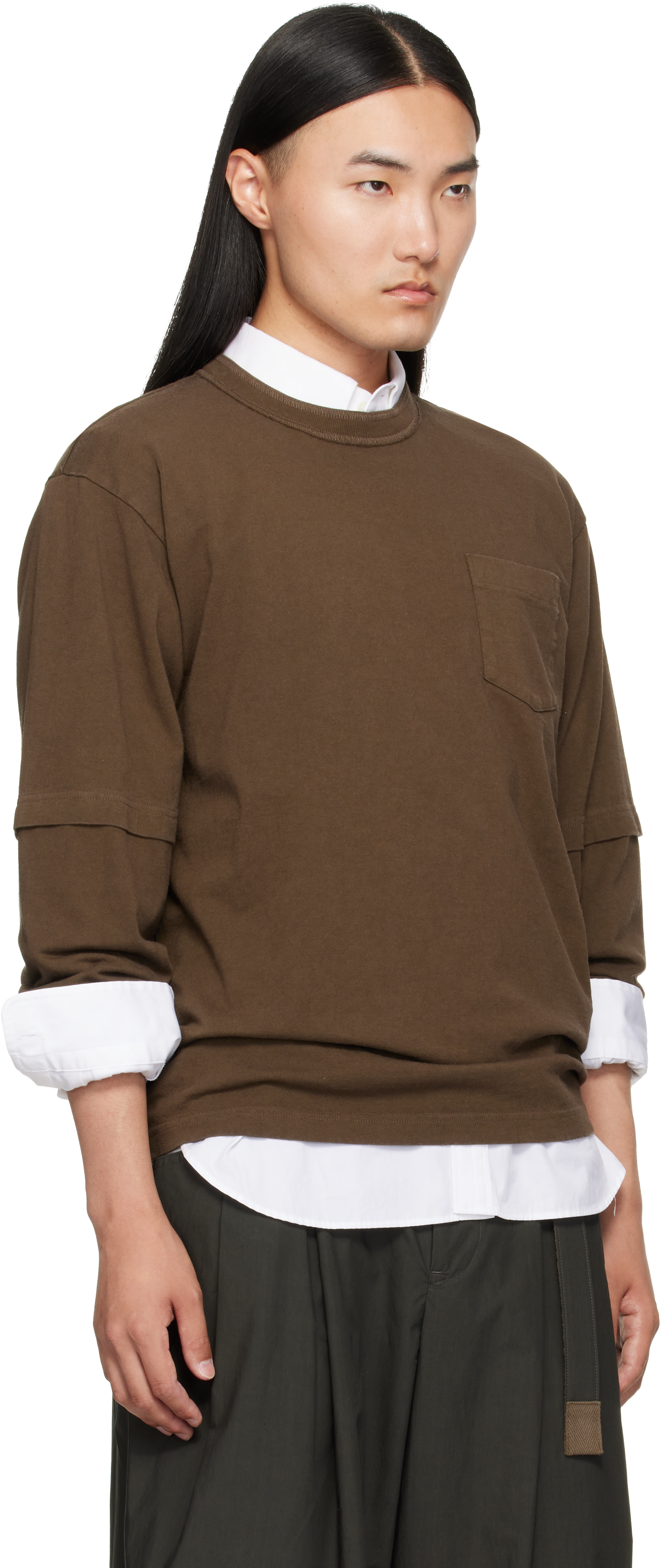 sacai: ブラウン コットンジャージ 長袖Tシャツ | SSENSE 日本