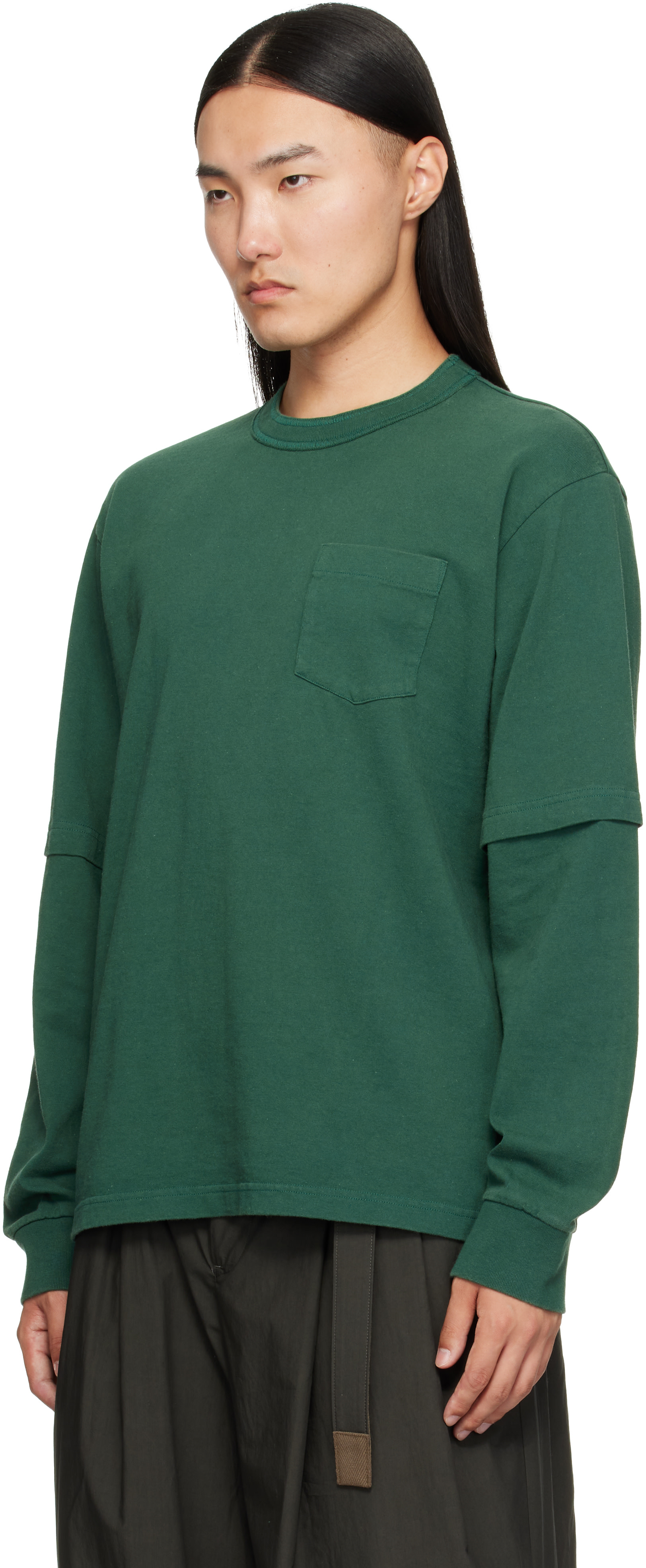 sacai: Green Cotton Jersey L/S T-shirt | SSENSE