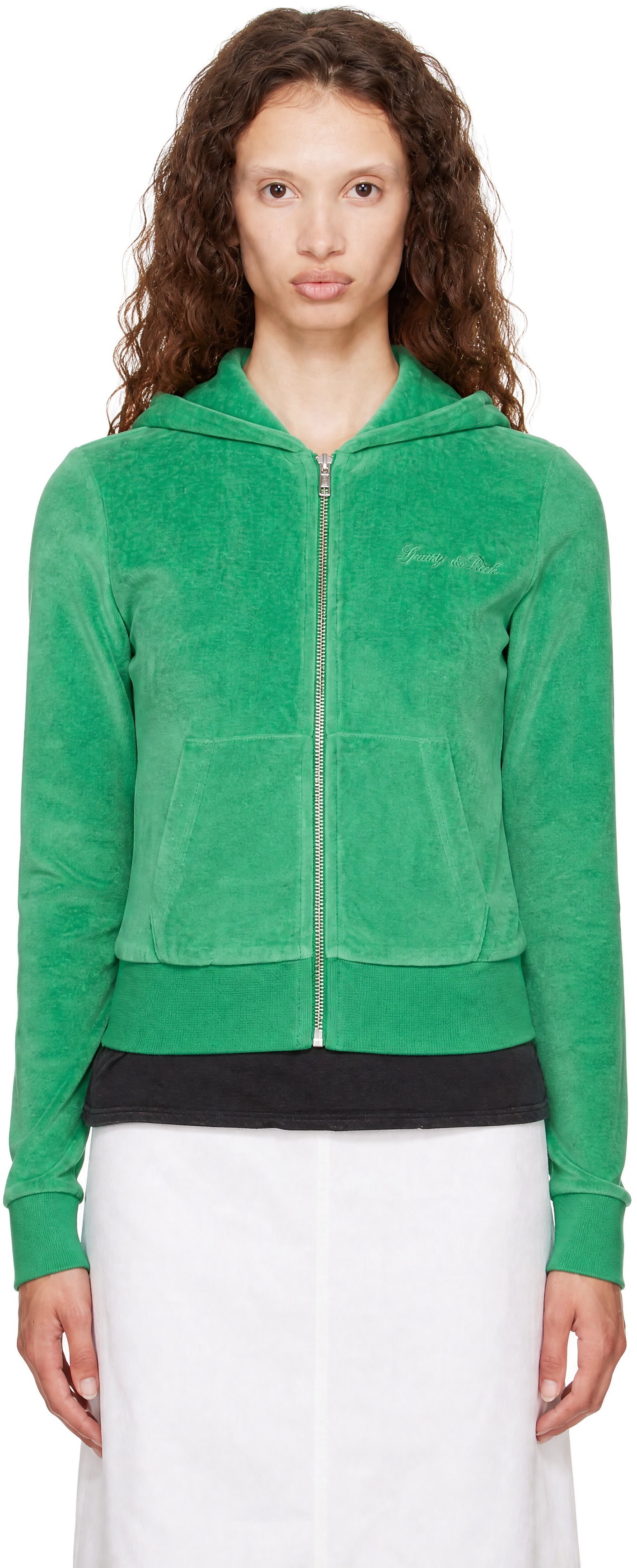 Sporty & Rich: Green Signature Logo Krystal Zip Hoodie | SSENSE