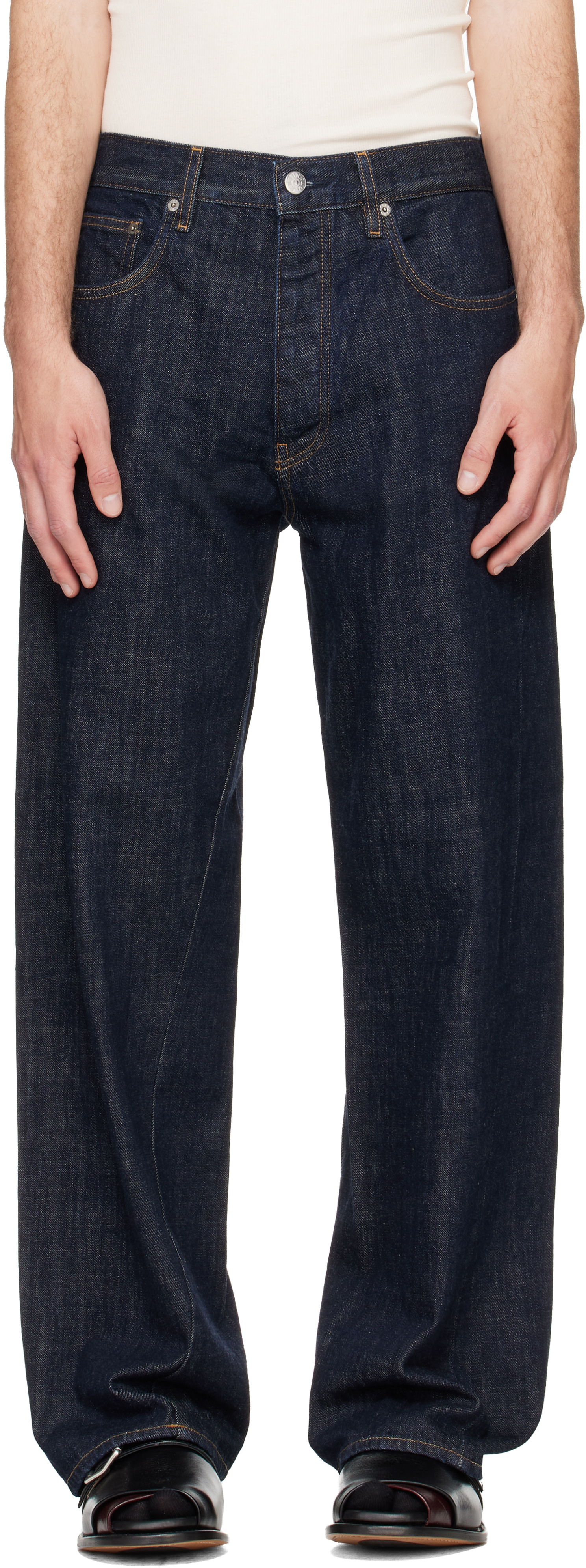 Sunflower: Navy Wide Twist Jeans | SSENSE