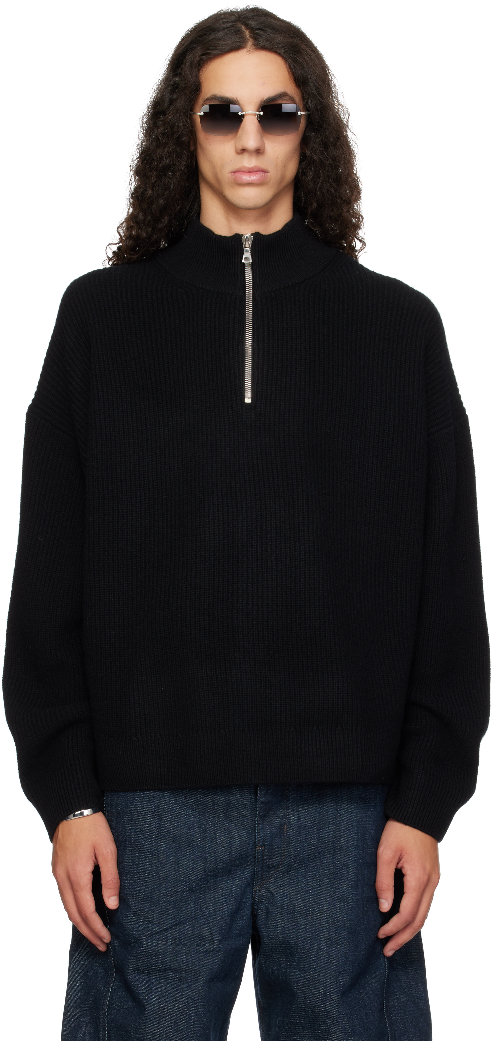 YACAIA: Black Y-0015 Oversized Ribbed Half-Zip Merino & Cashmere