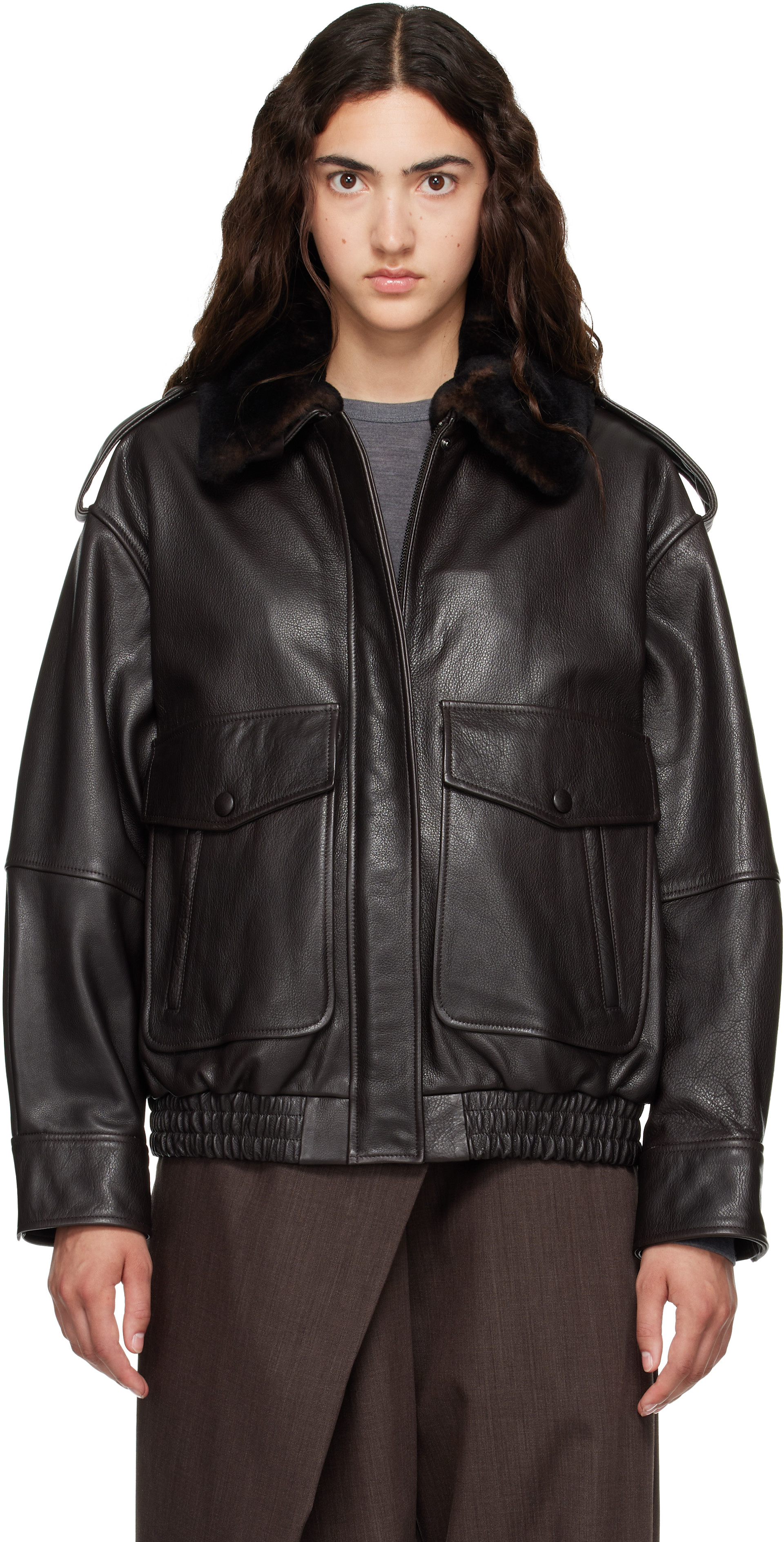 ◆ELBORN◆ Loulou Bomber Jacke Loulou de Saison: Brown RUSSO Leather Bomber Jacket | SSENSE