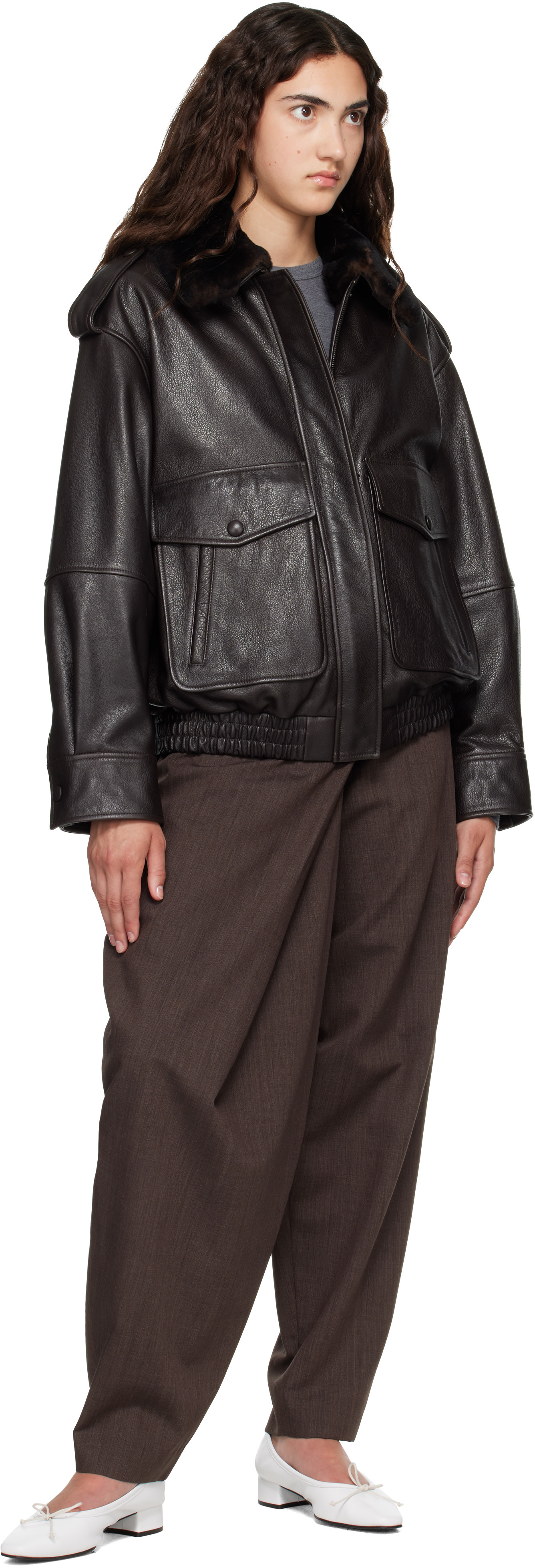Loulou de Saison: Brown RUSSO Leather Bomber Jacket | SSENSE