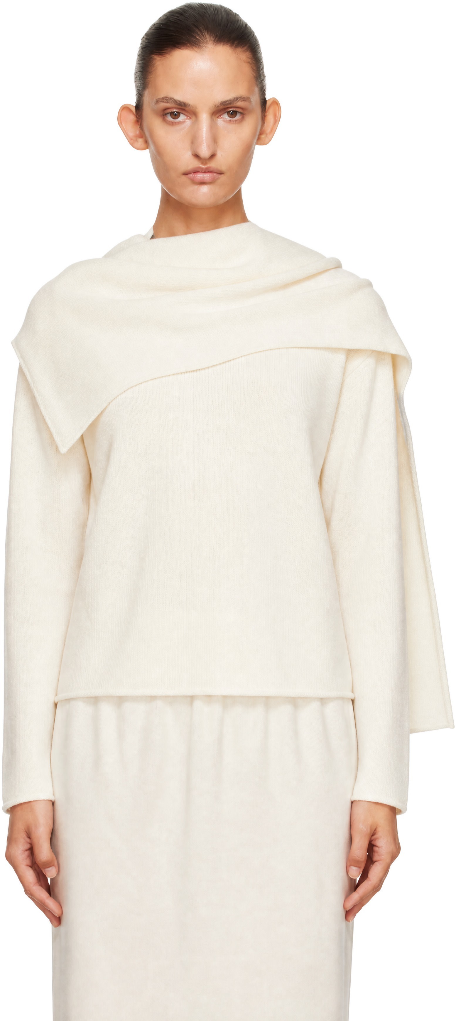Loulou de Saison - Pull Frances blanc cassé en cachemire à écharpe intégrée