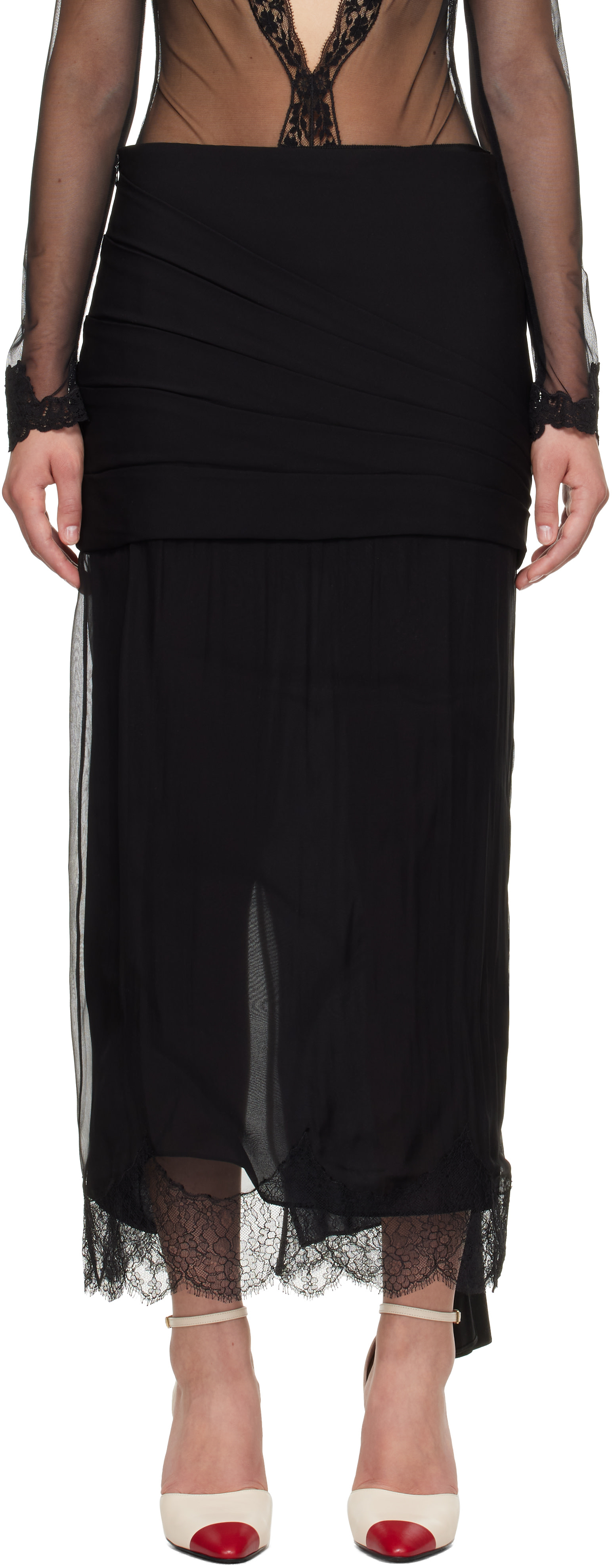Valentino - Black Solid Georgette Maxi Skirt