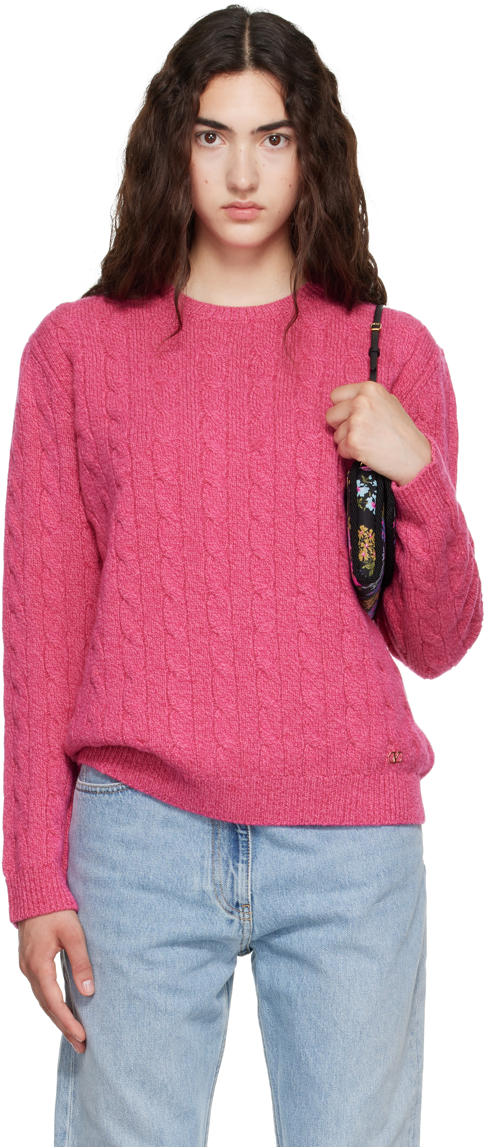 Valentino - Pull rose en tricot câblé de laine