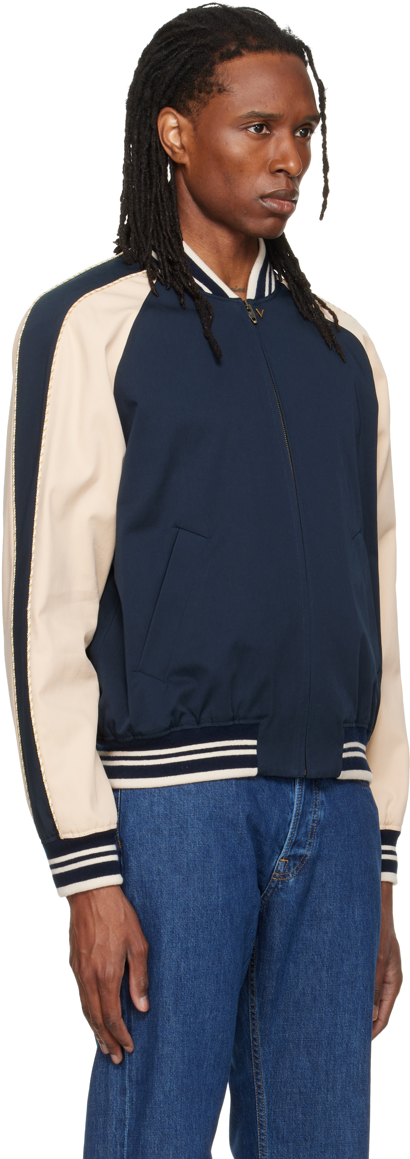 Valentino: Navy Canvas & Fine Gabardine Bomber Jacket | SSENSE