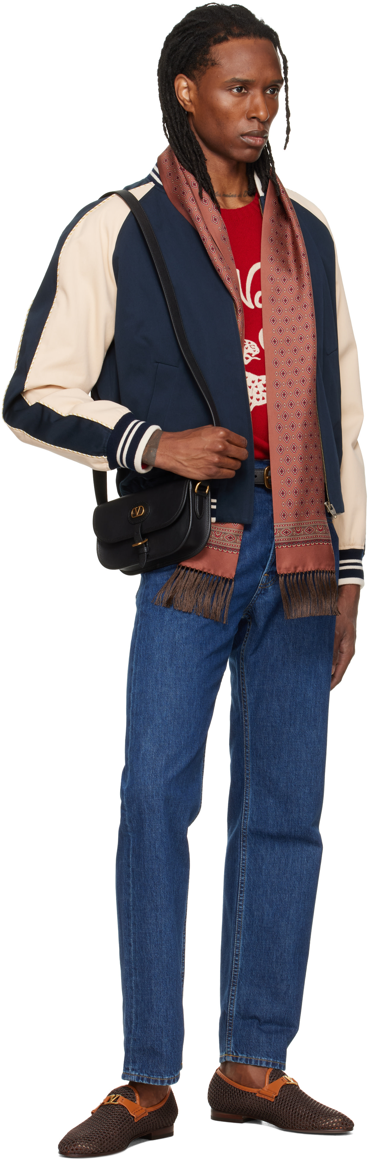 Valentino: ネイビー キャンバス＆ファインギャバジン ボンバー