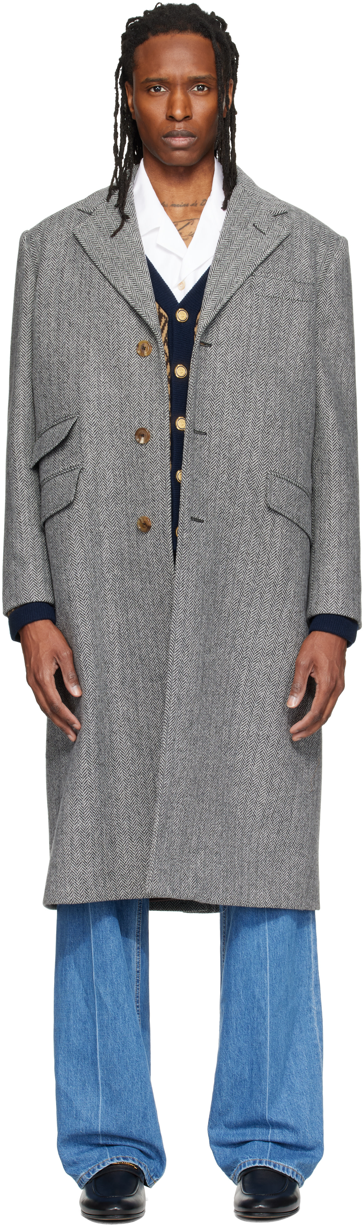 Valentino - Gray Wool Herringbone Coat