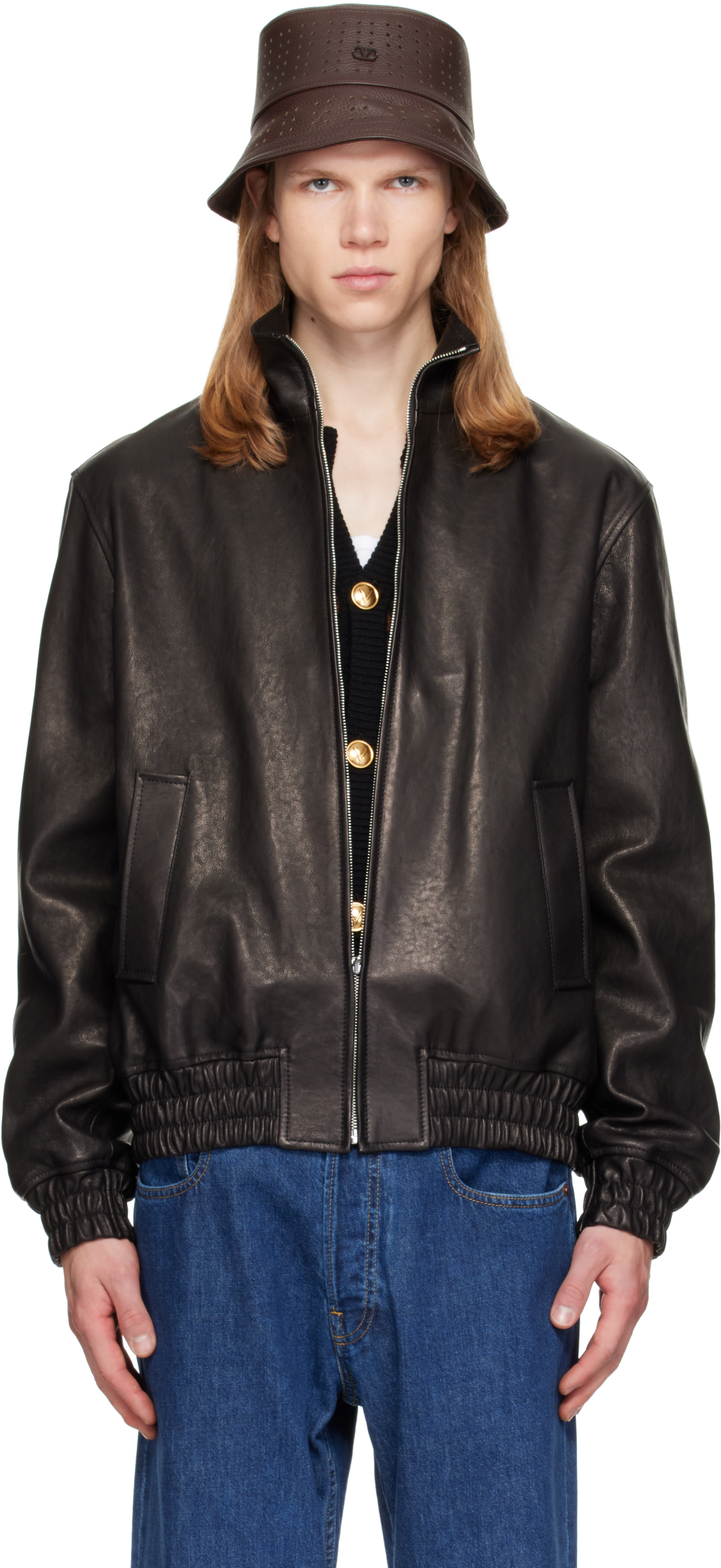 Valentino - Black High Neck Leather Jacket
