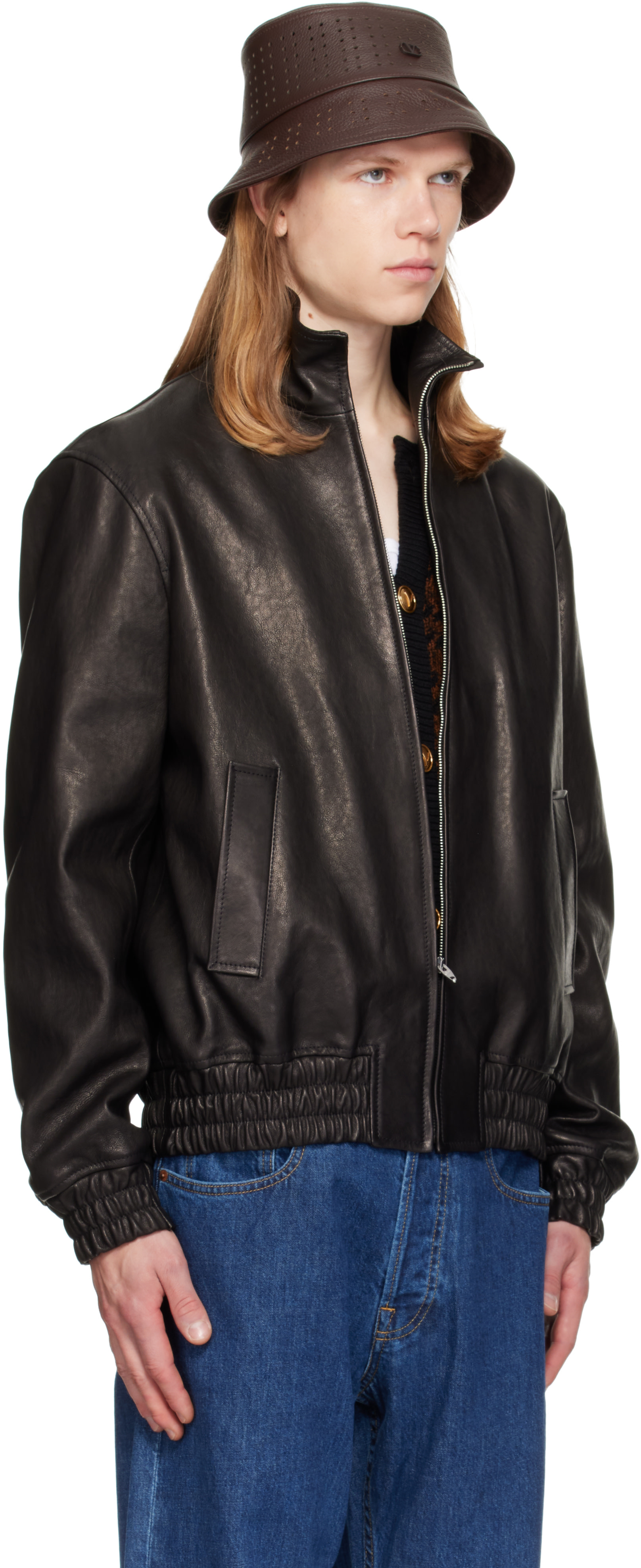 Valentino - Black High Neck Leather Jacket