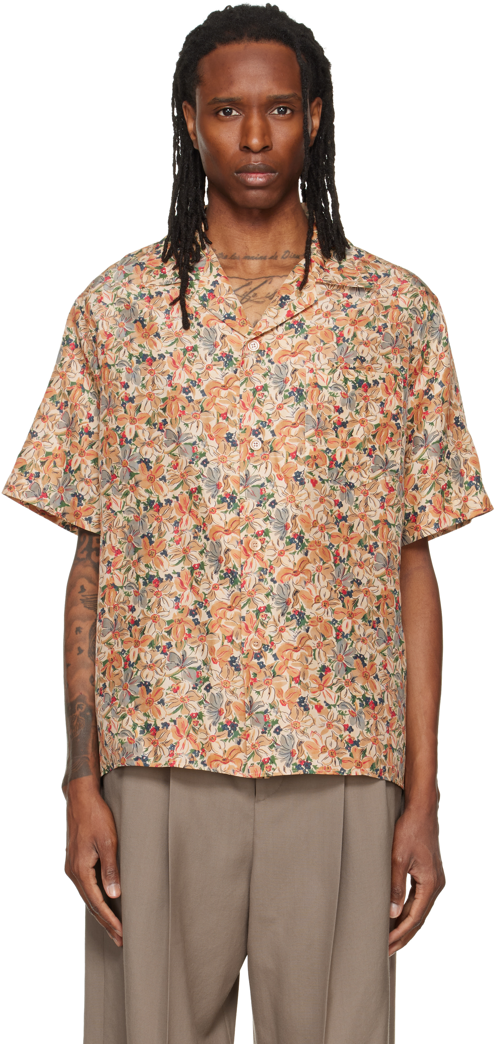 Valentino: Beige Floral Silk Bowling Shirt | SSENSE Puerto Rico