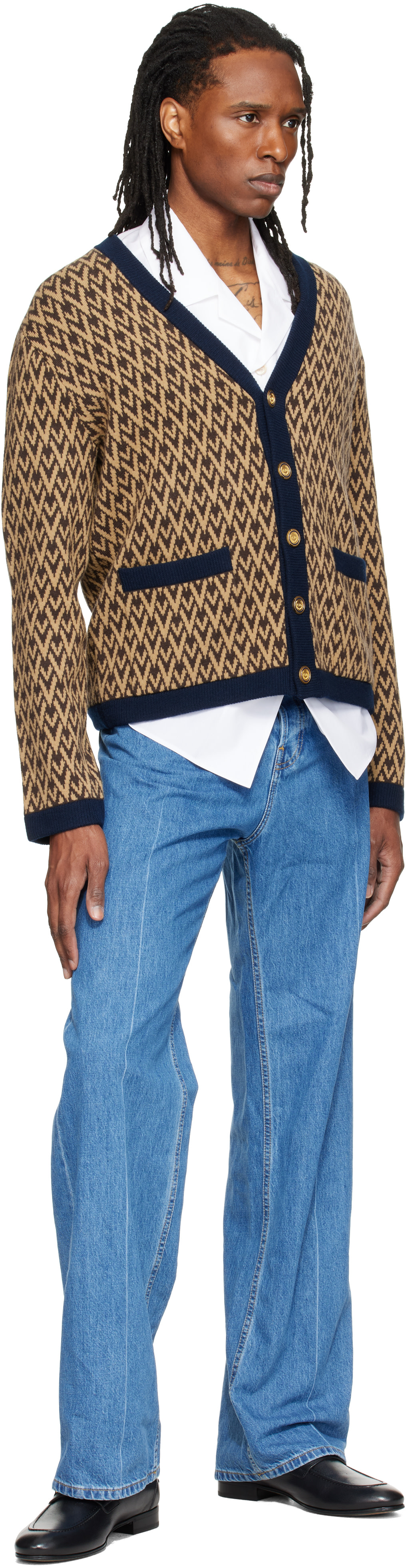 Valentino: ベージュ＆ネイビー ジャカード ロゴウール カーディガン