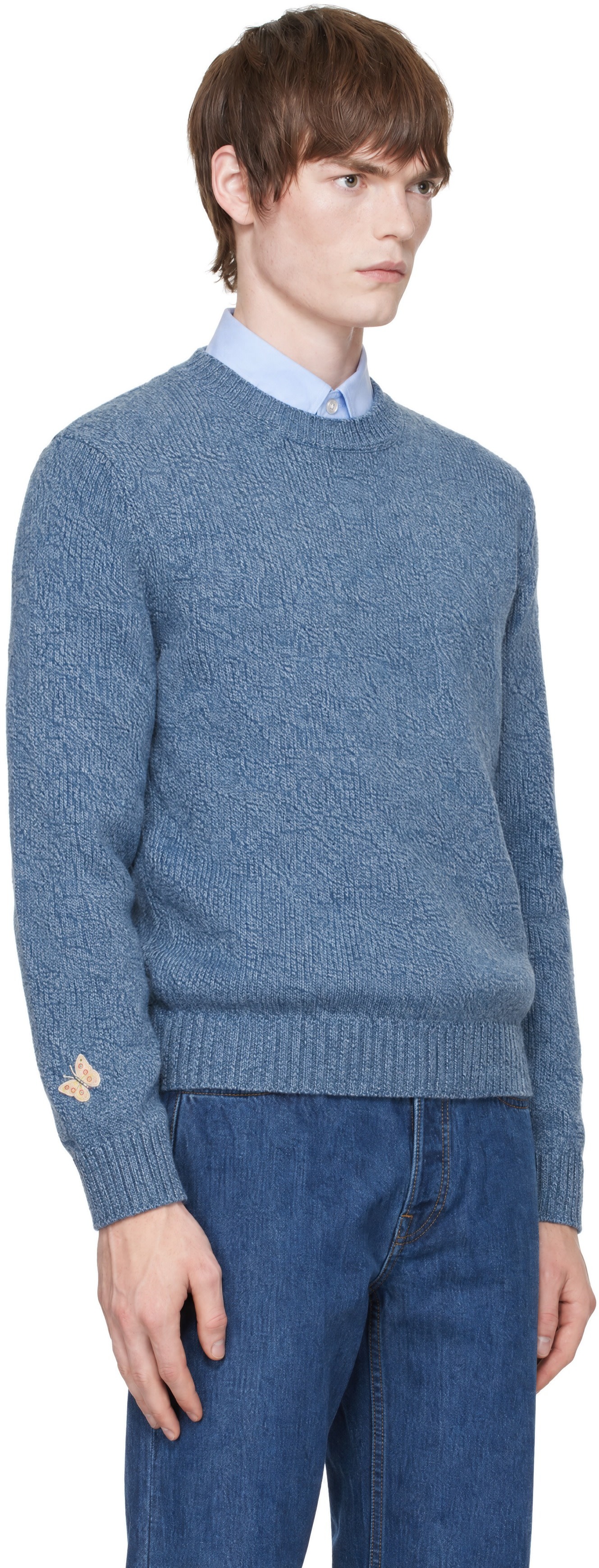 Valentino - Blue Wool Embroidered Butterfly Patch Sweater