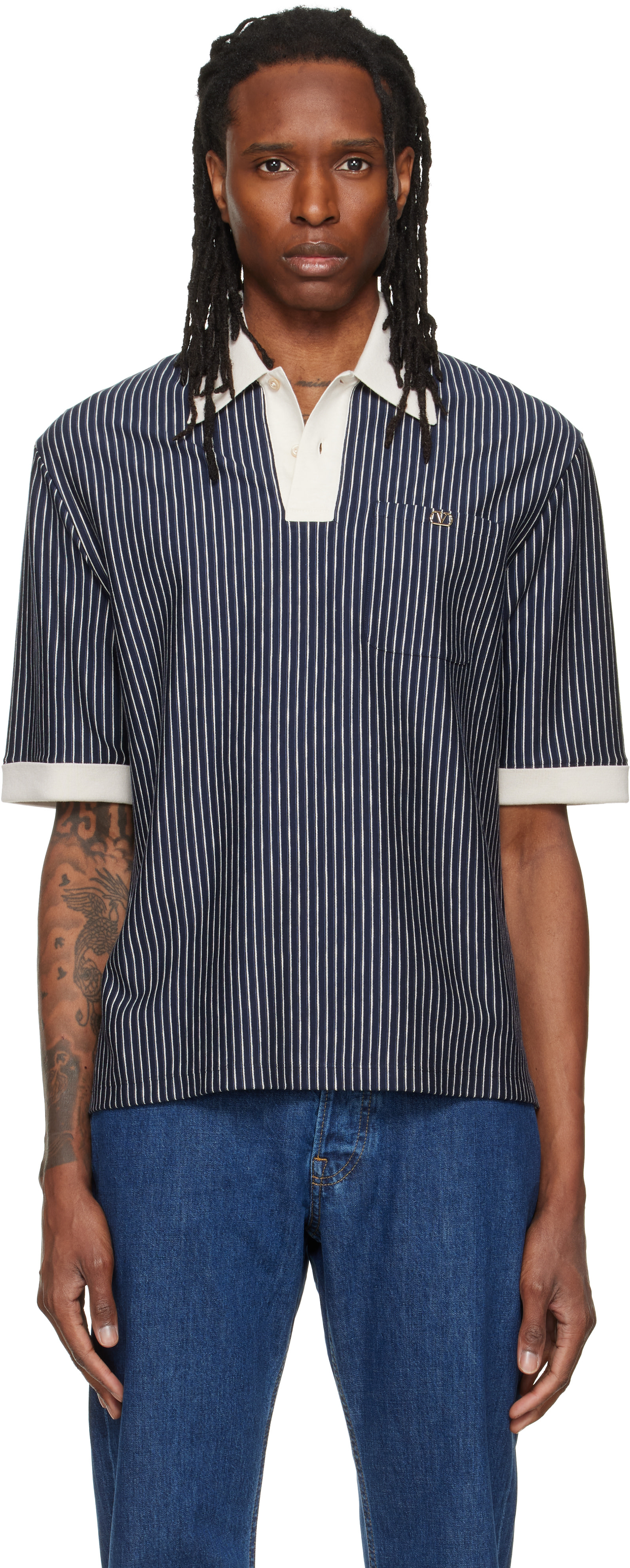 Valentino: Navy Striped VLogo Embroidery Polo | SSENSE