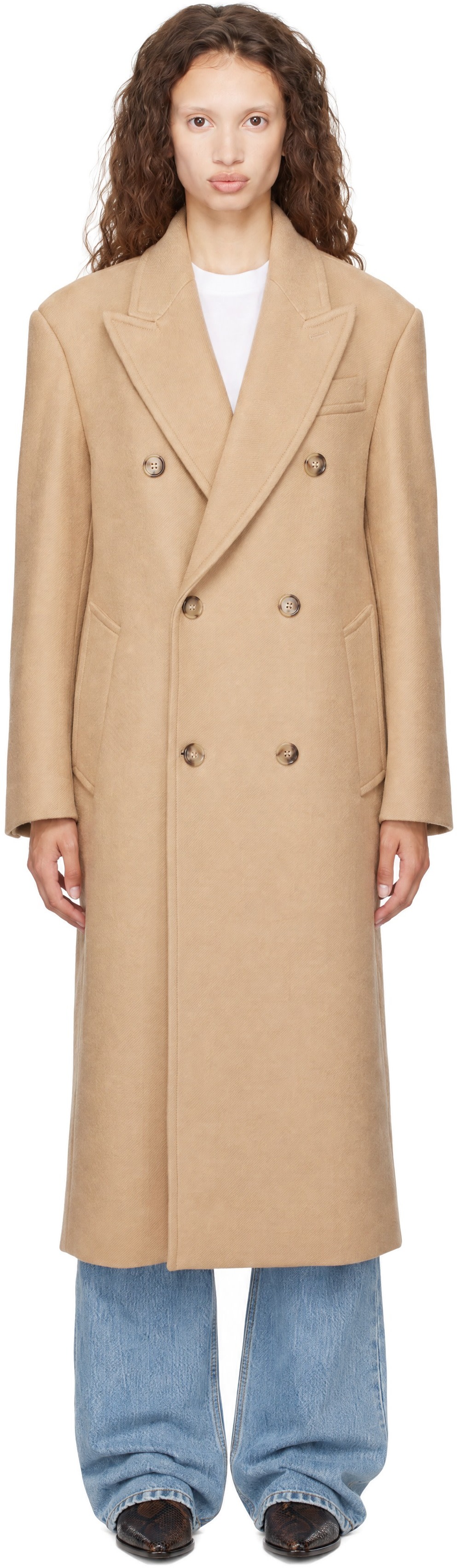 AMI Paris: Beige Long Double-Breasted Wool Coat | SSENSE