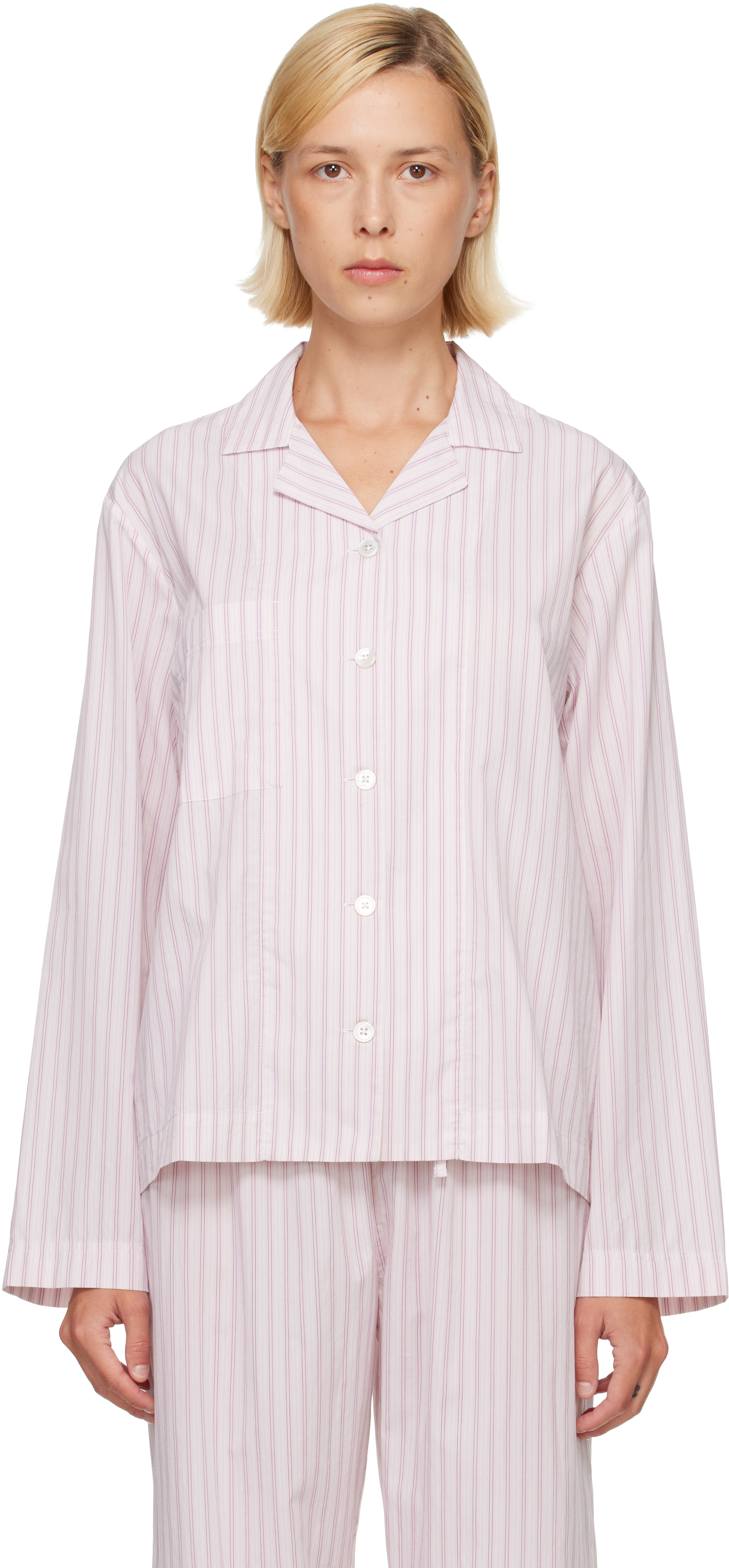 Tekla: Pink Fine Twill Long-Sleeved Pyjama Shirt | SSENSE
