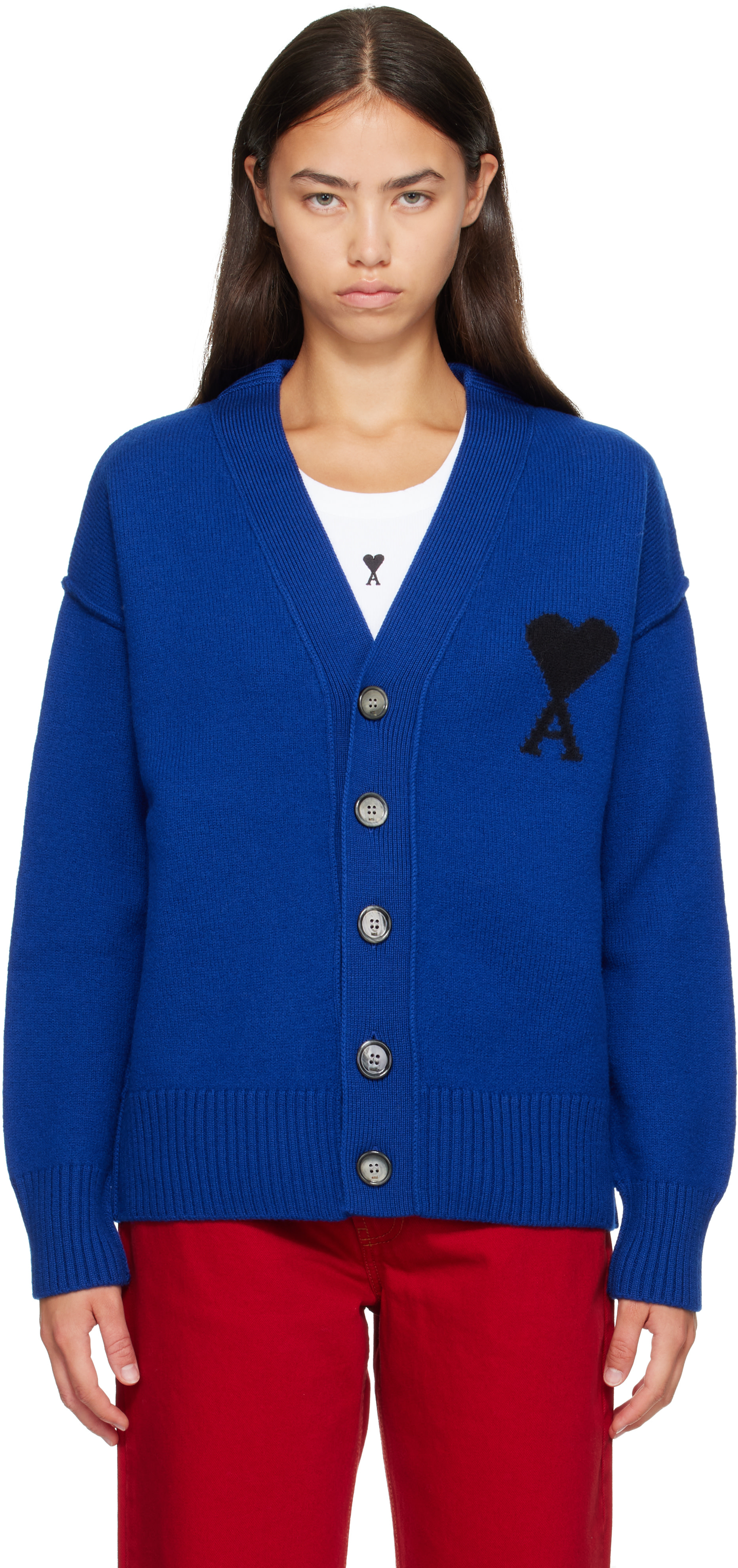 AMI Paris: Navy Wool Ami de Coeur Cardigan | SSENSE Netherlands