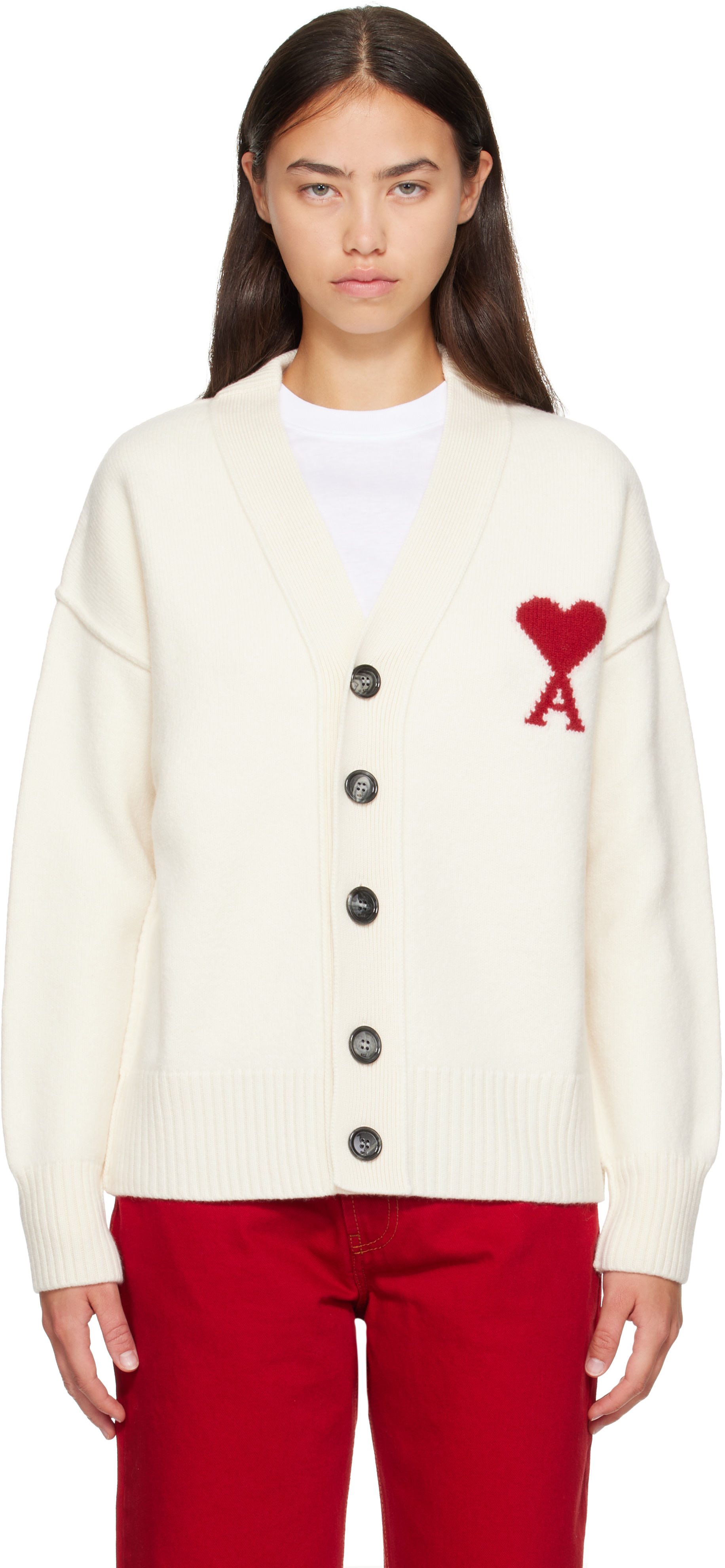 AMI Paris: Off-White Wool Ami de Coeur Cardigan | SSENSE