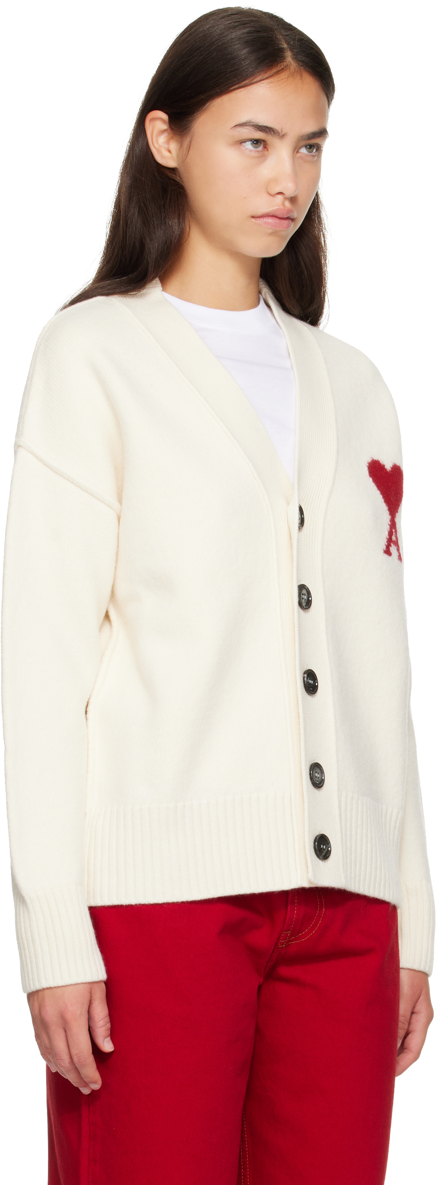 AMI Paris: オフホワイト Ami de Coeur ウール カーディガン | SSENSE 日本