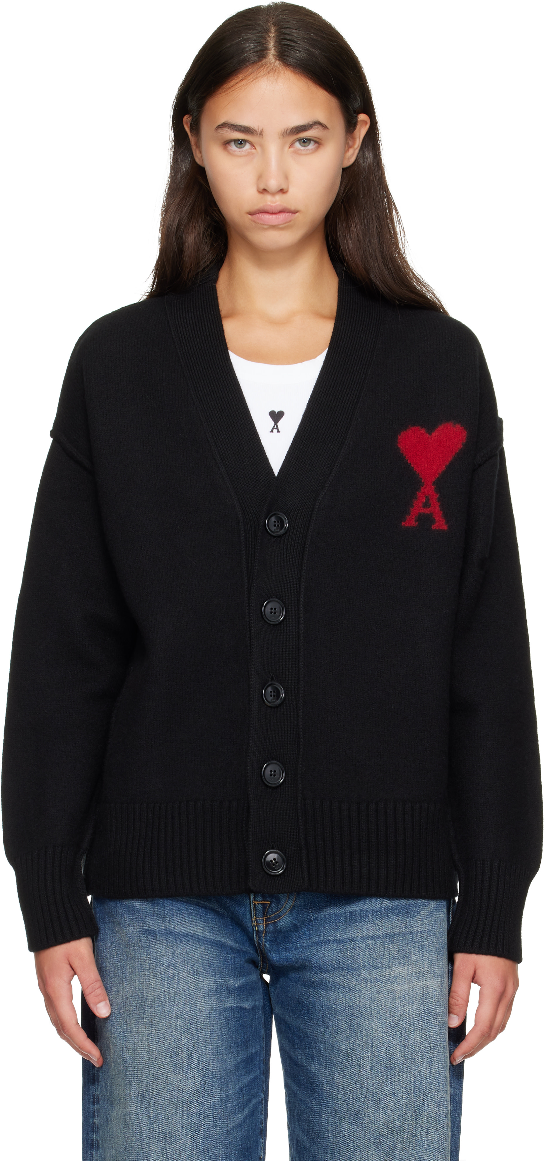AMI Paris: Black Wool Ami de Coeur Cardigan | SSENSE